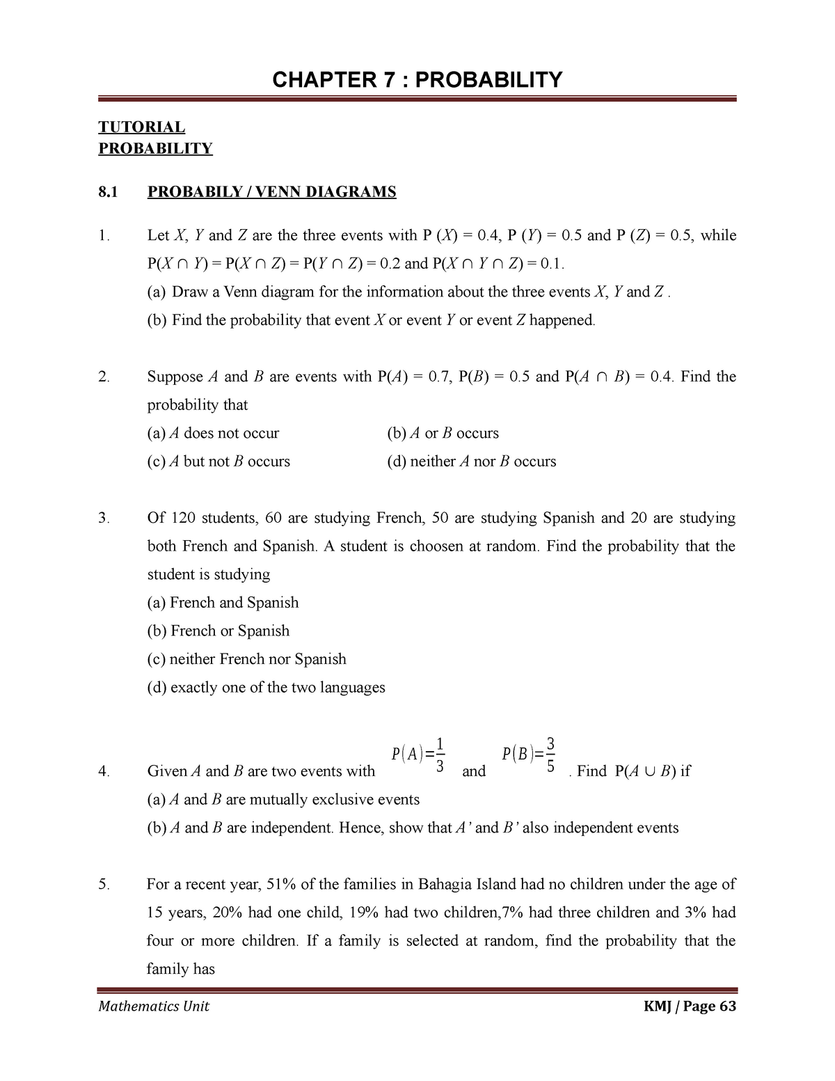 CH7 Probability - Lecture Notes 1 - TUTORIAL PROBABILITY 8 PROBABILY ...