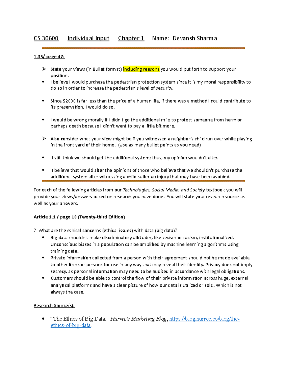 Chapter 1 form devansh - It is a class assignment - CS 30600 Individual ...
