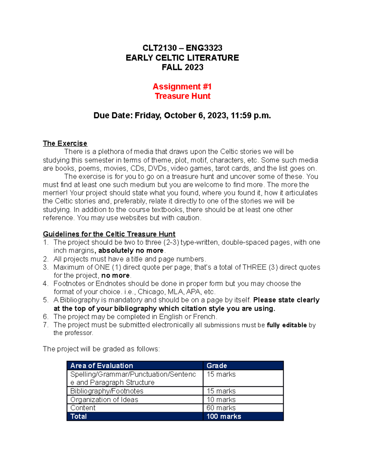 CLT2130 Assignment #1 - Treasure Hunt - CLT2130 – ENG EARLY CELTIC ...