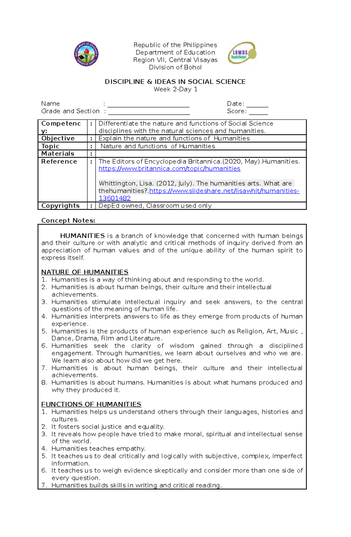 SHS Humss DISS WK2 Day1-3 - Republic of the Philippines Department of ...