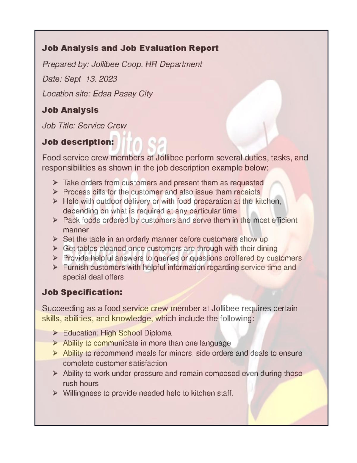 Jollibee compentation Job Analysis and Job Evaluation Report Prepared