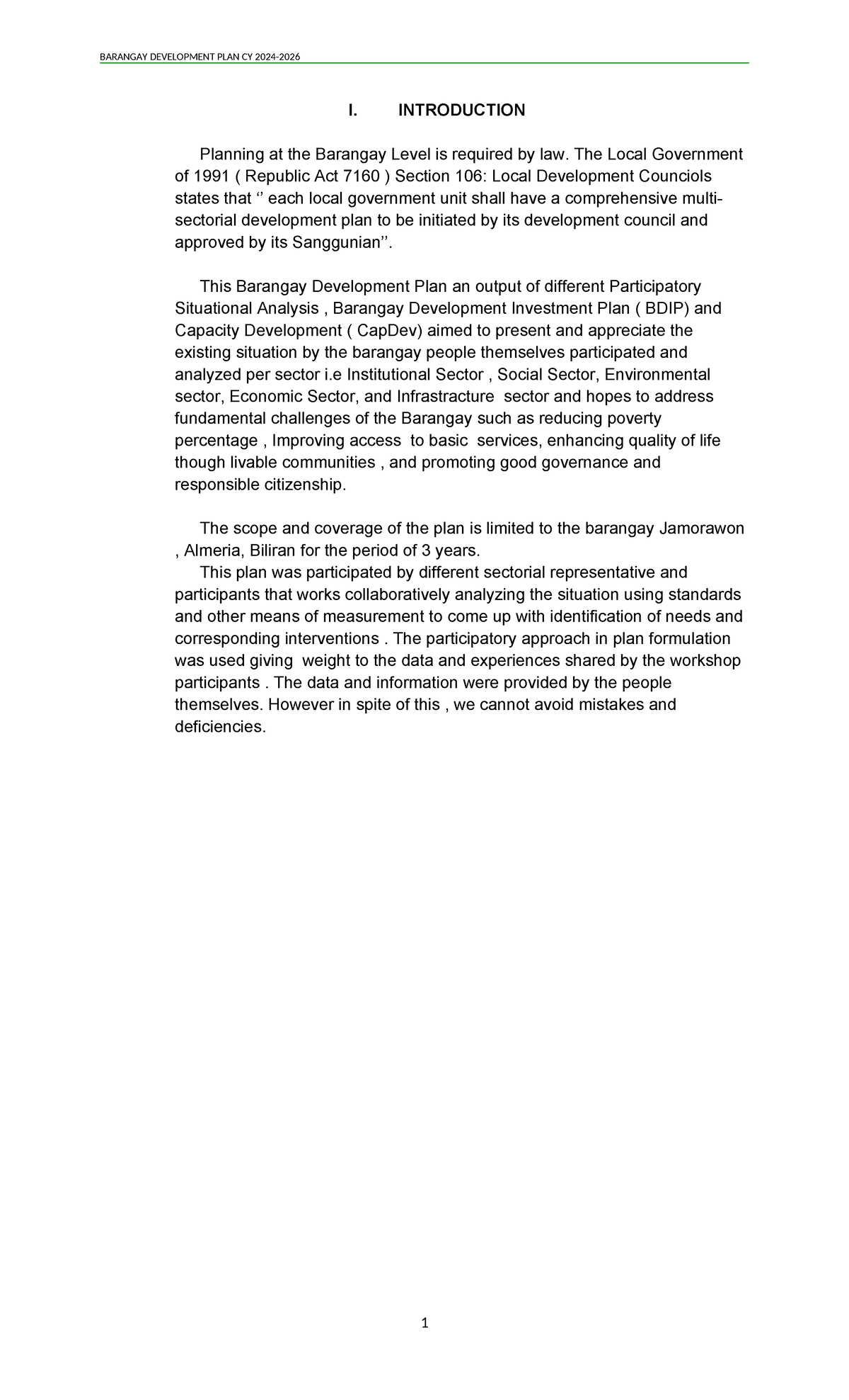 Bdpfinal - plan - I. INTRODUCTION Planning at the Barangay Level is ...