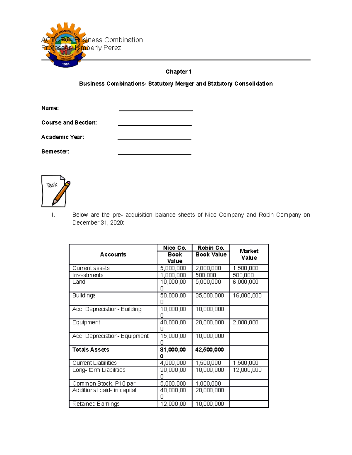 Business Combination Activity For Chapter 1 - ACTGBC- Business ...