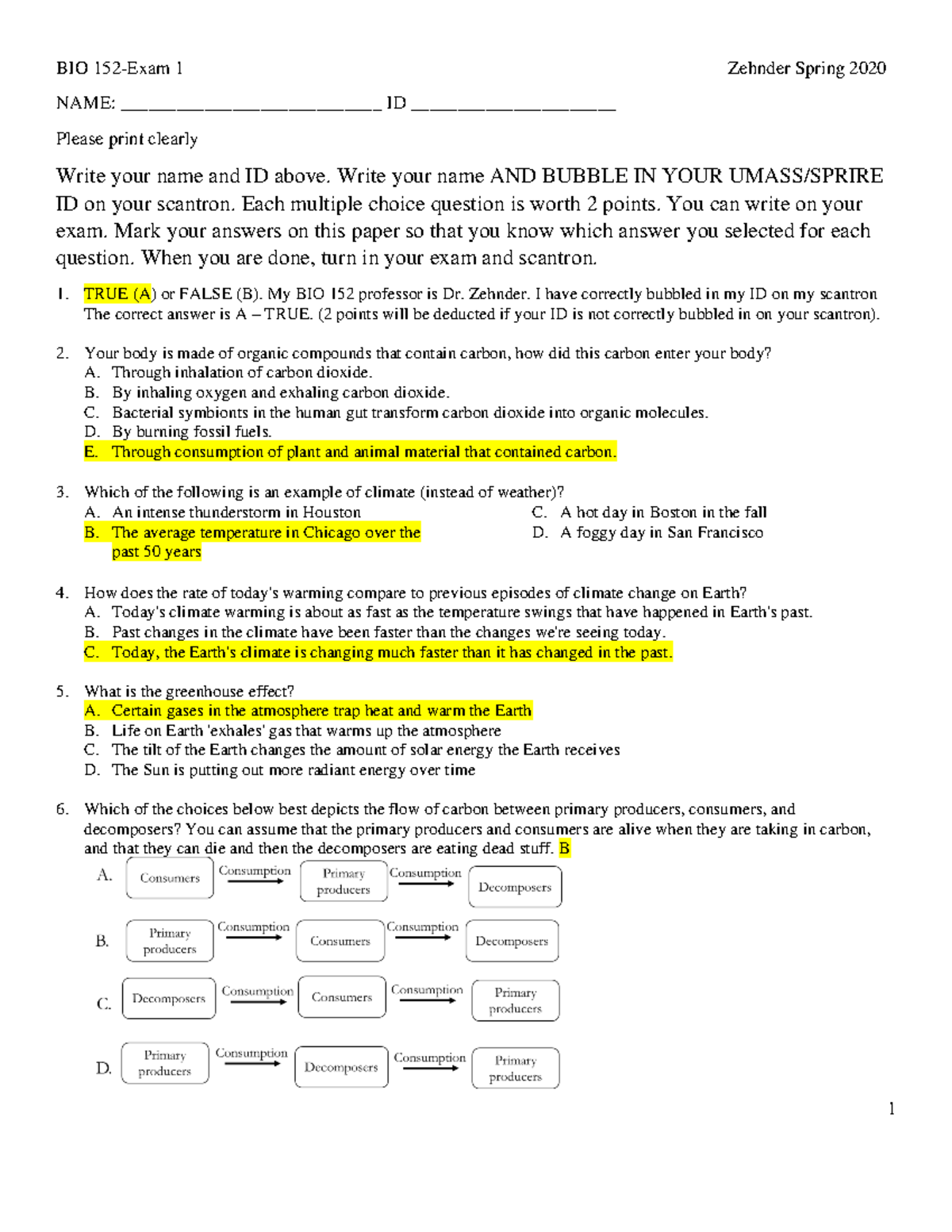 BIO 152 Exam 1 2020 Answer KEY BIO 152 Exam 1 Zehnder Spring 2020