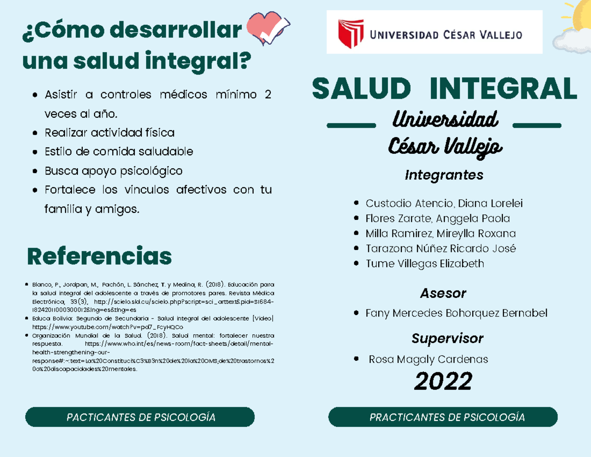 Tríptico Salud Integral Universidad César Vallejo Integrantes Salud