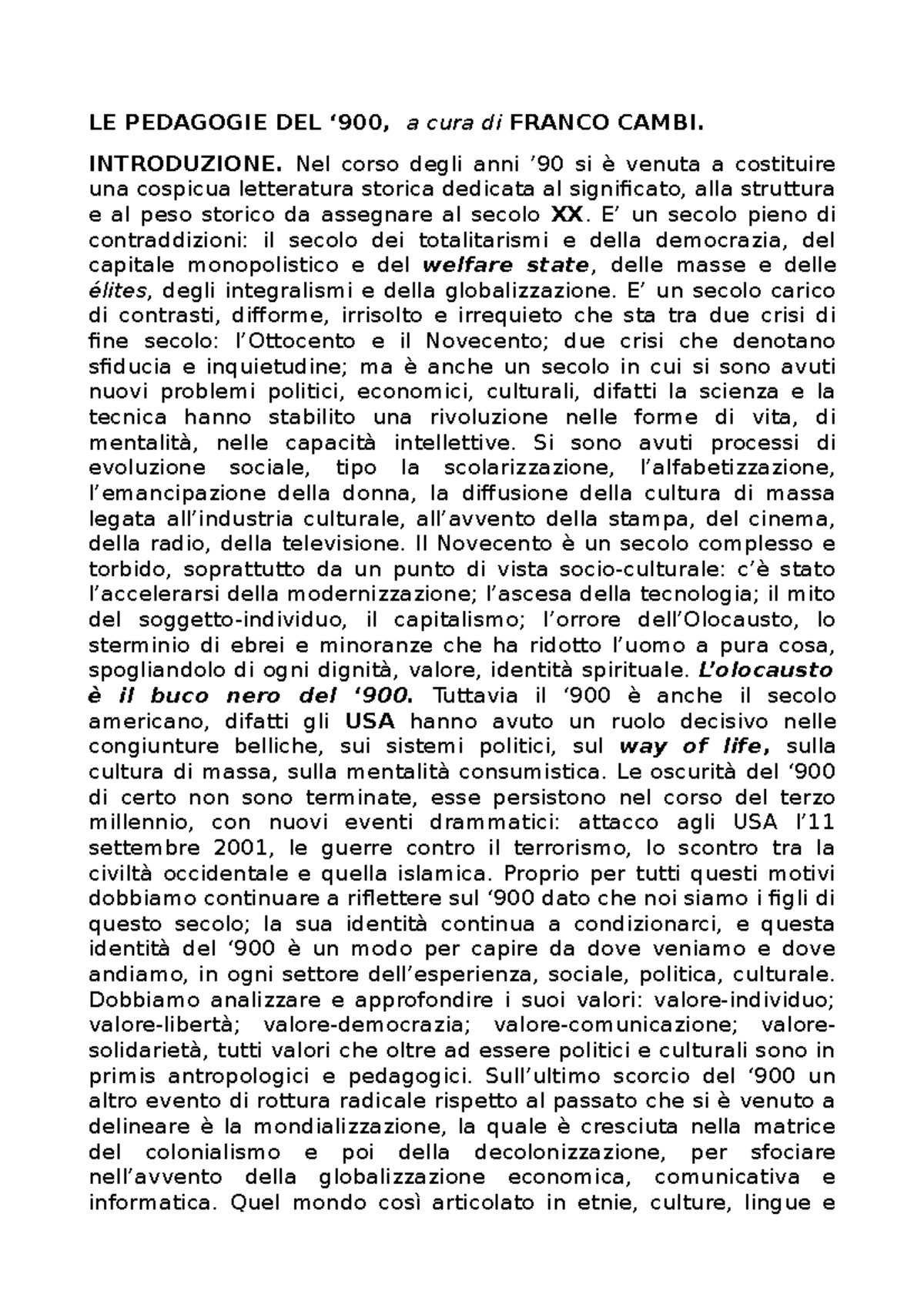 Ped 900 Le Pedagogie Del ‘900 A Cura Di Franco Cambi Introduzione