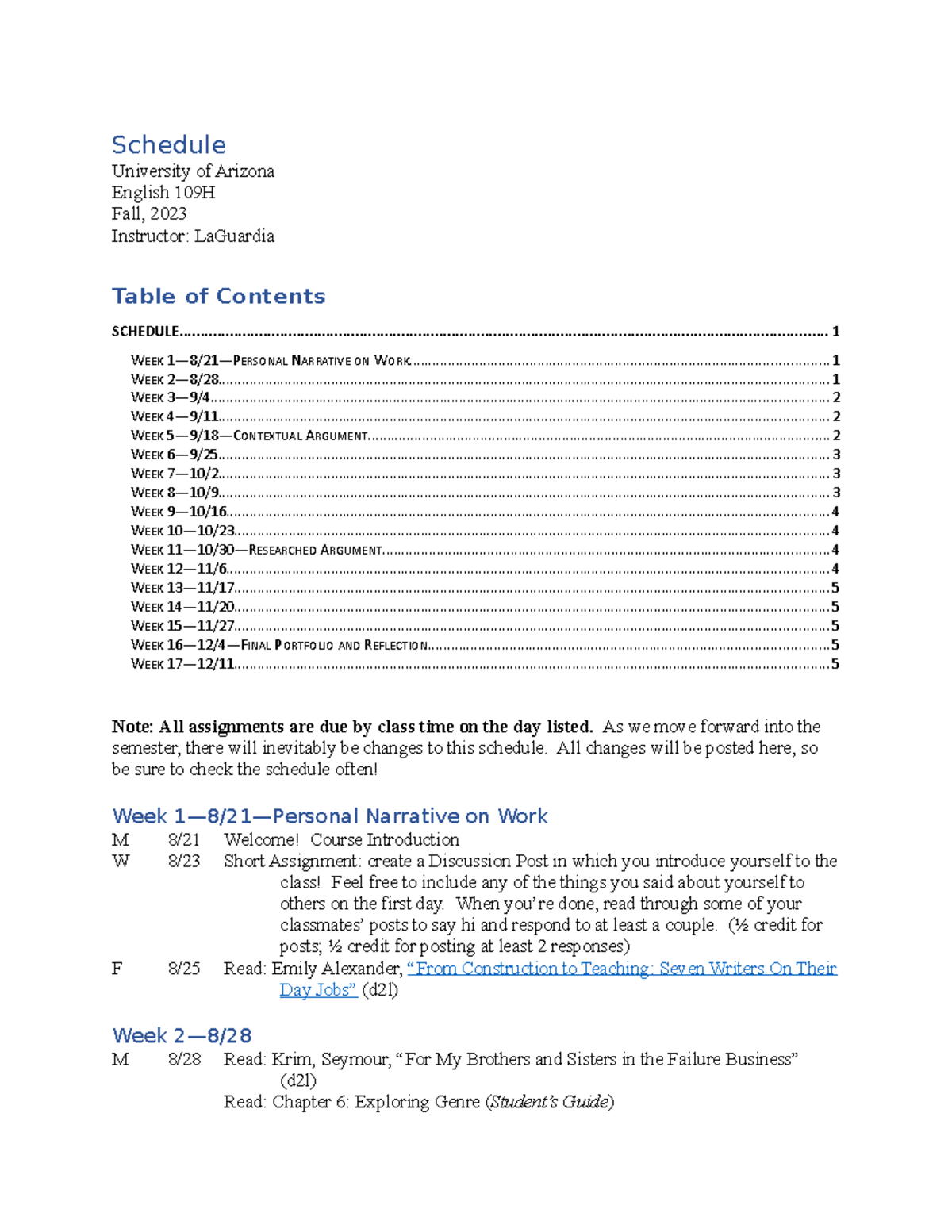 Schedule - fffff - Schedule University of Arizona English 109H Fall ...