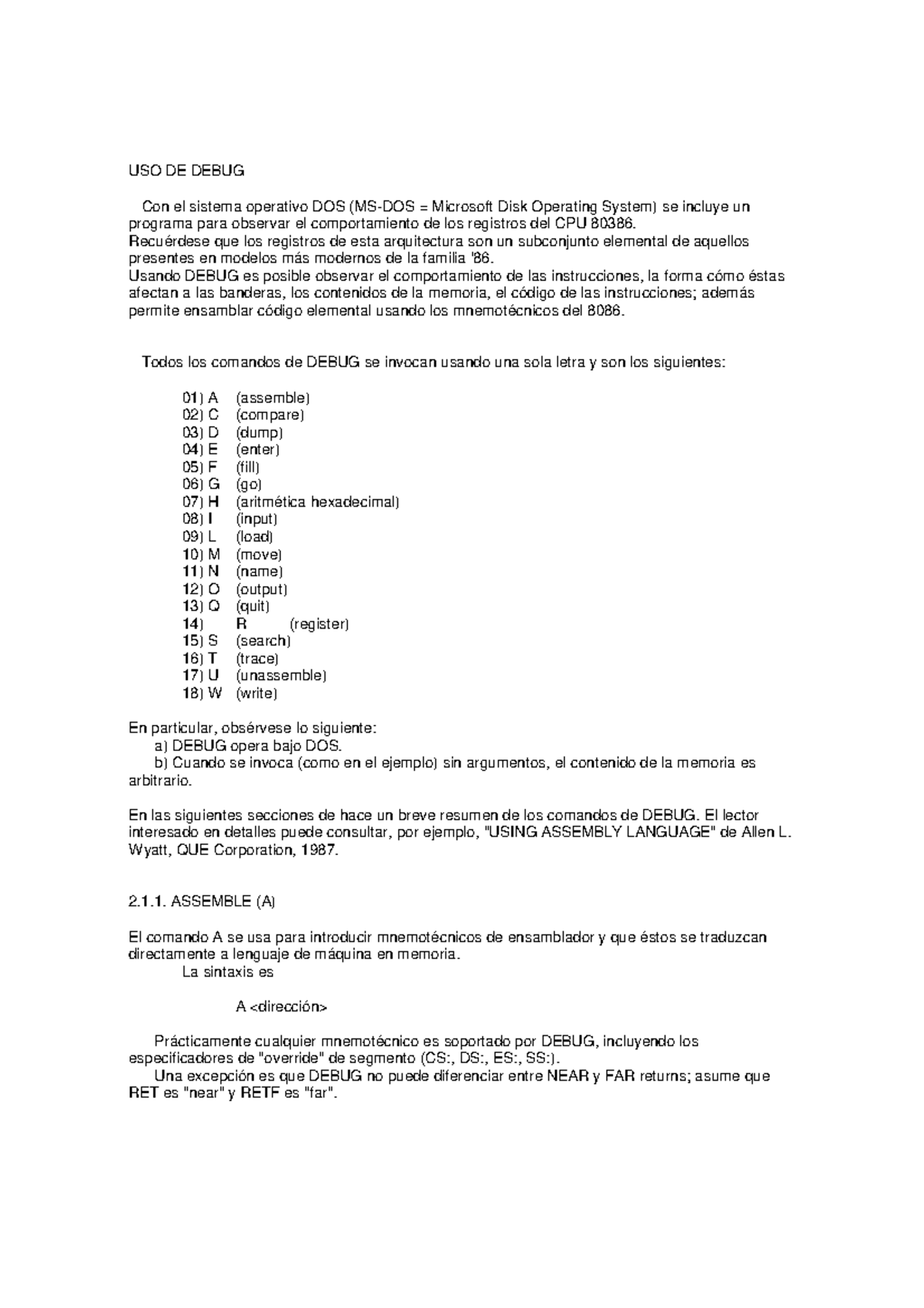 USO DE Debug - USO DE DEBUG Con el sistema operativo DOS (MS-DOS ...