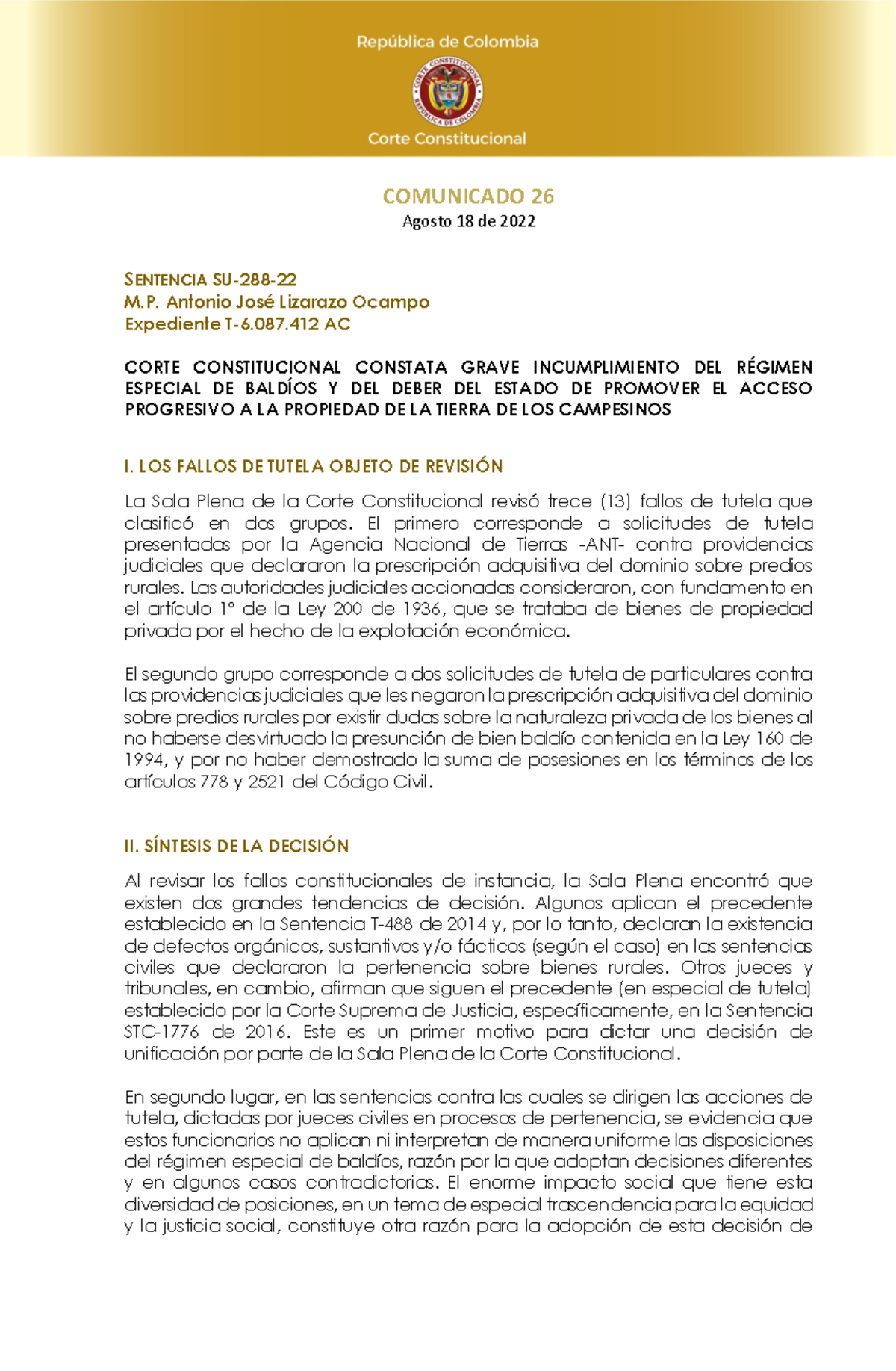 Sentencia SU 228 de 2022 Corte Constitucional - COMUNICADO 26 Agosto 18