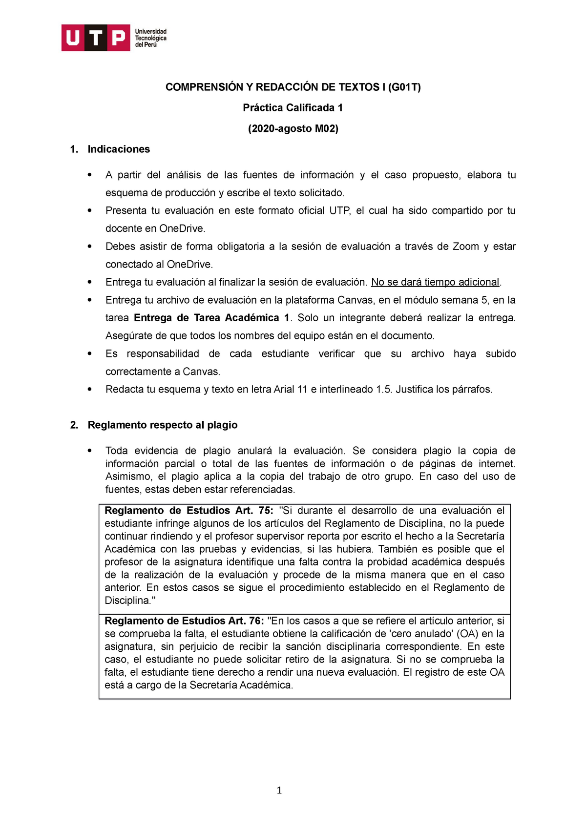 Práctica Calificada 1 Formato Utp ComprensiÓn Y RedacciÓn De Textos I G01t Práctica 0412