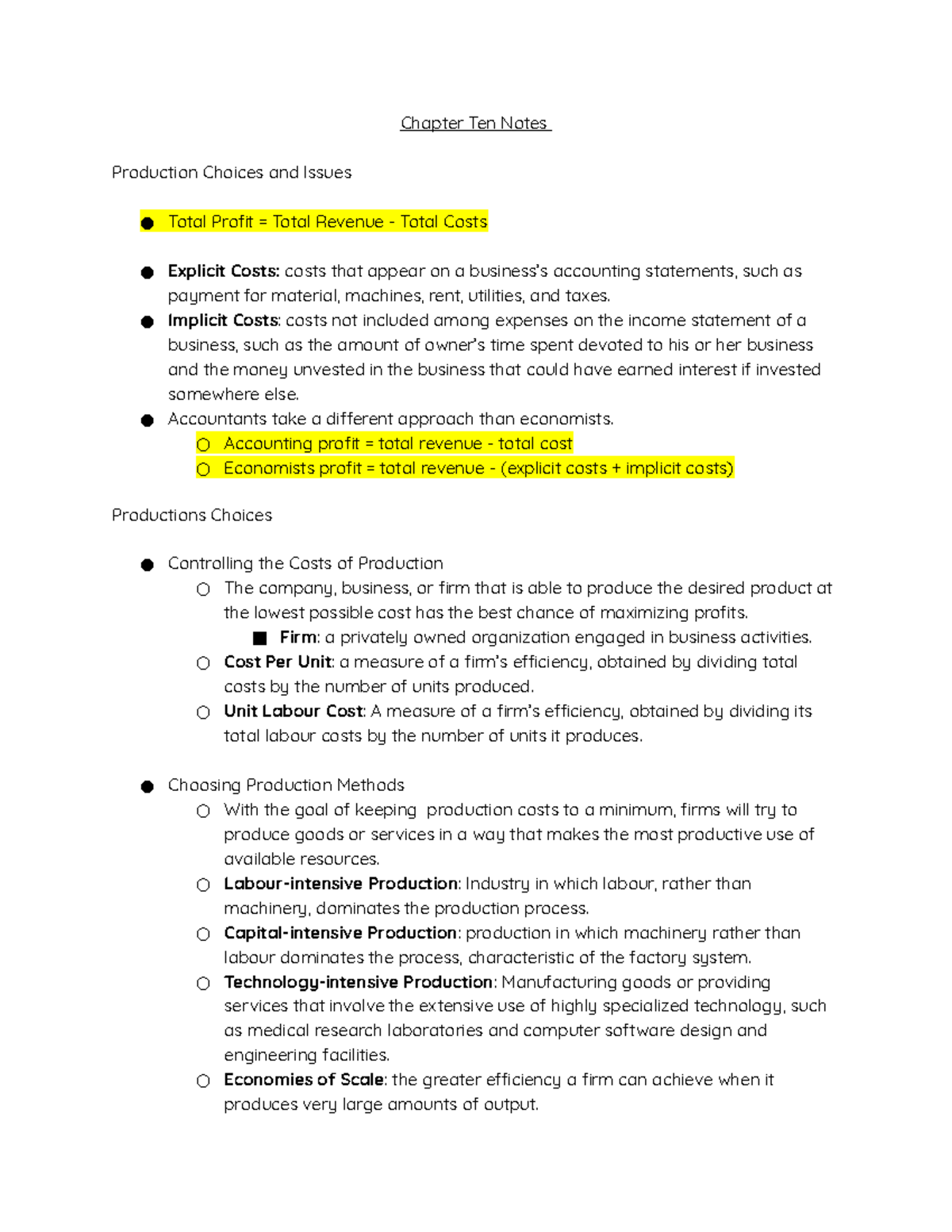 Chapter Ten Notes Econ - Chapter Ten Notes Production Choices and ...
