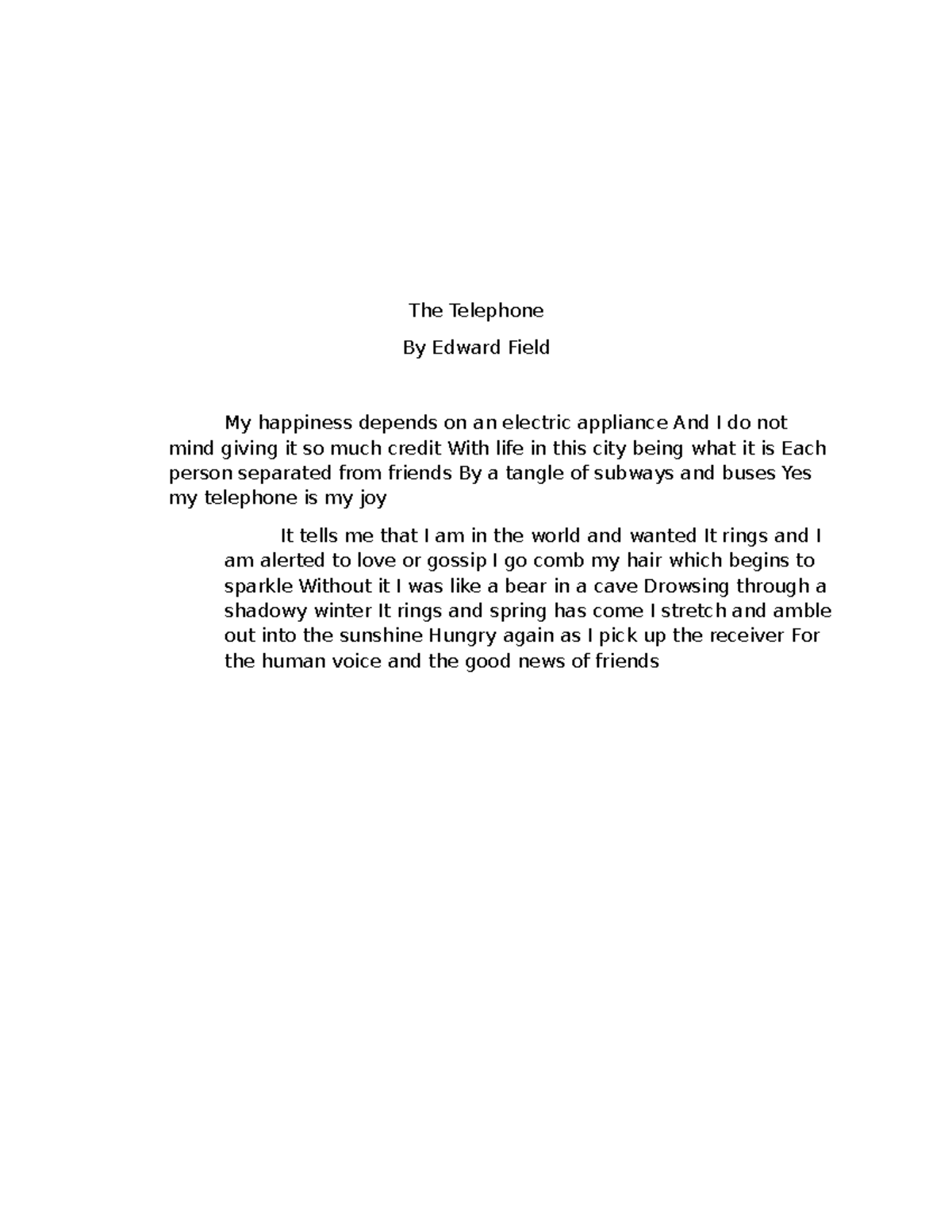 Document (2)njjnn hshhshshshajjsh The Telephone By Edward Field My