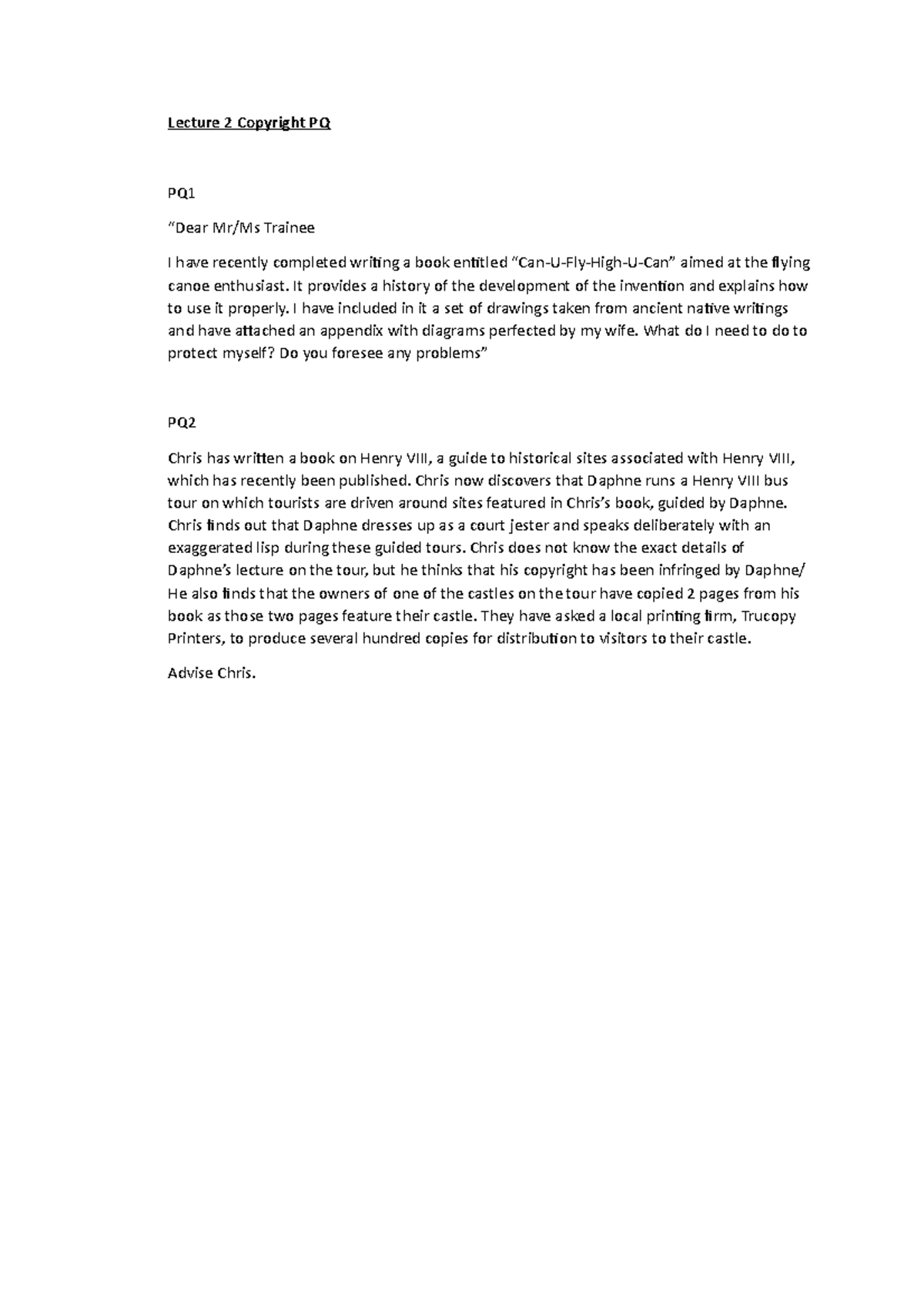 1- PQ for Lecture 2 and LC3 - Lecture 2 Copyright PQ PQ “Dear Mr/Ms ...