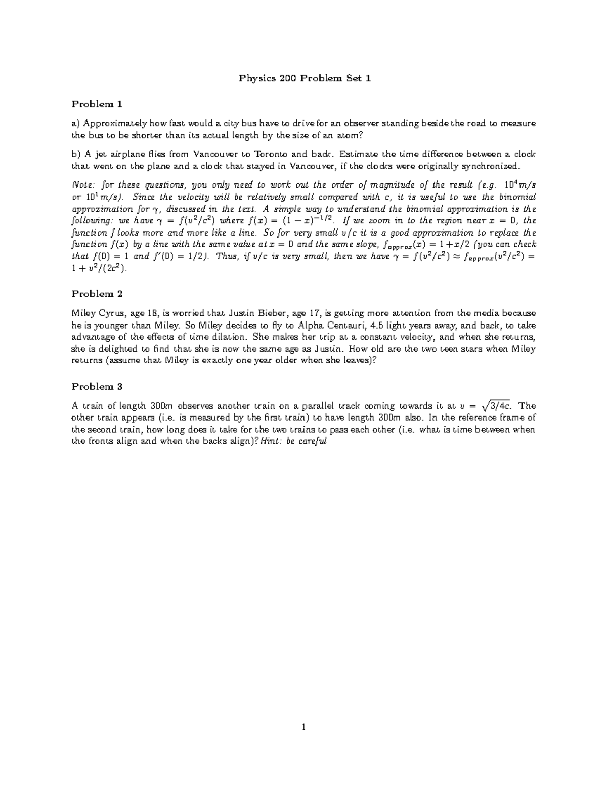 Physics Assignment - Physics 200 Problem Set 1 Problem 1 a ...