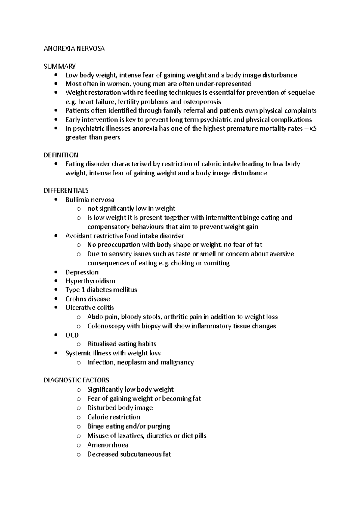 Anorexia Nervosa - ANOREXIA NERVOSA SUMMARY Low body weight, intense ...