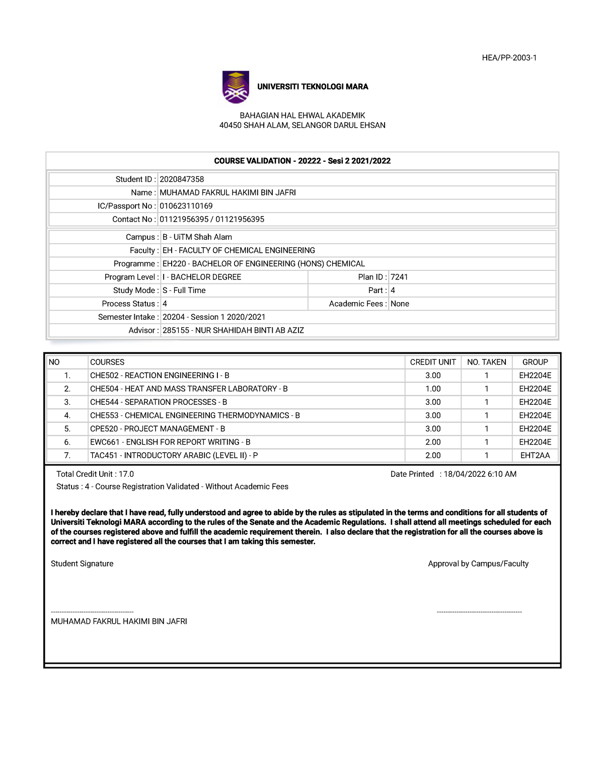 Course Registration SLIP - Final - Chemistry - UiTM - Studocu