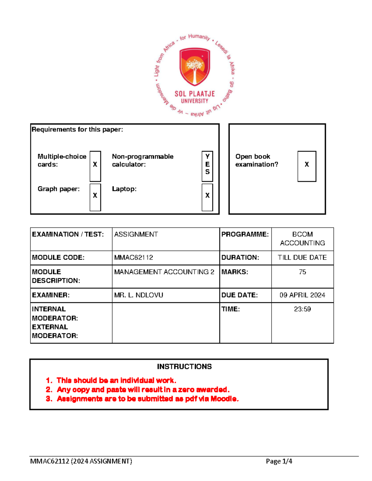 MMAC62112 Assignment 2024 - Requirements for this paper: Multiple ...