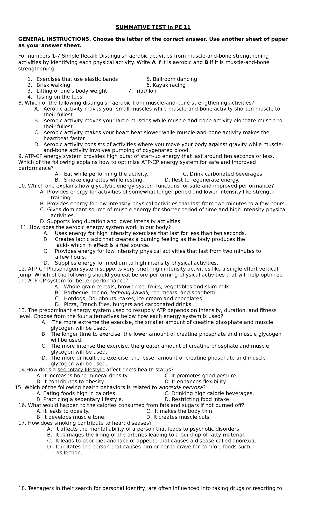 EXAM Q1-PE 11 2023 s Ummative - SUMMATIVE TEST in PE 11 GENERAL ...