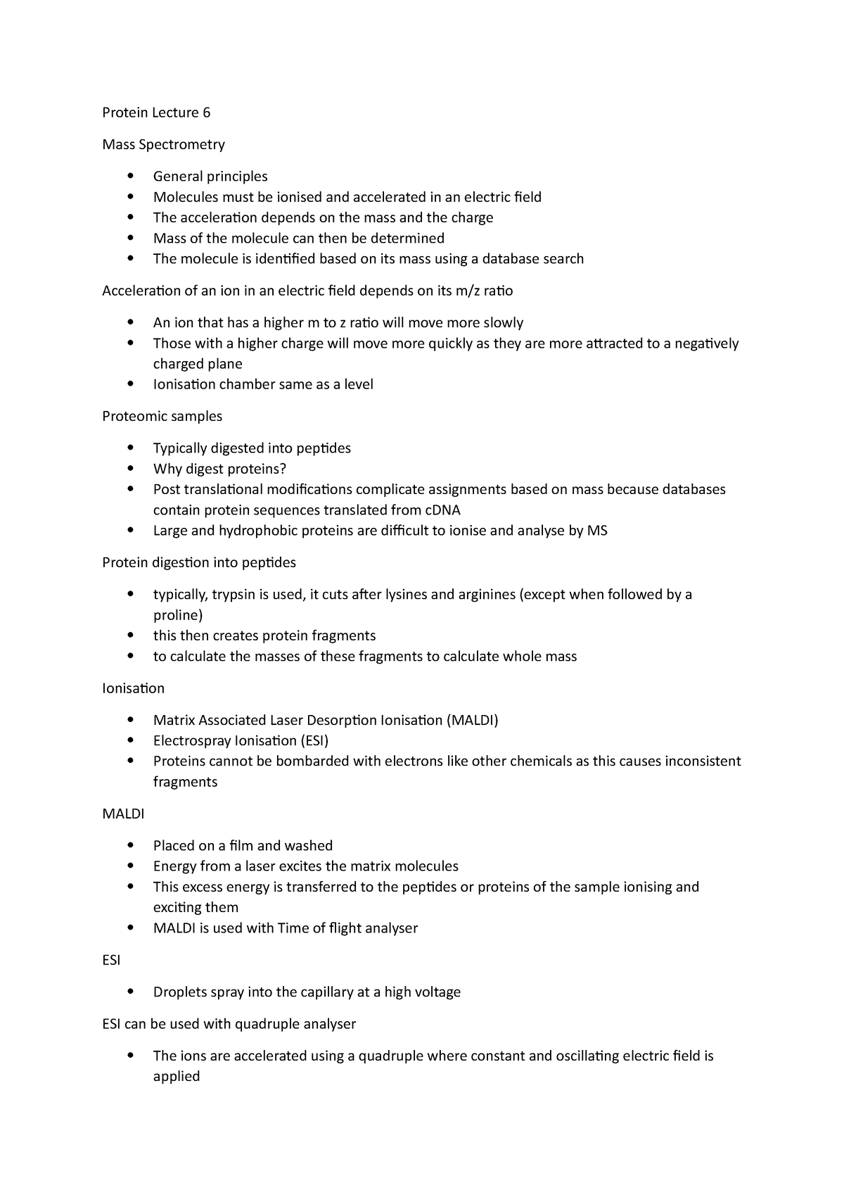 DNA analysis - Protein Lecture 6 Mass Spectrometry General principles ...