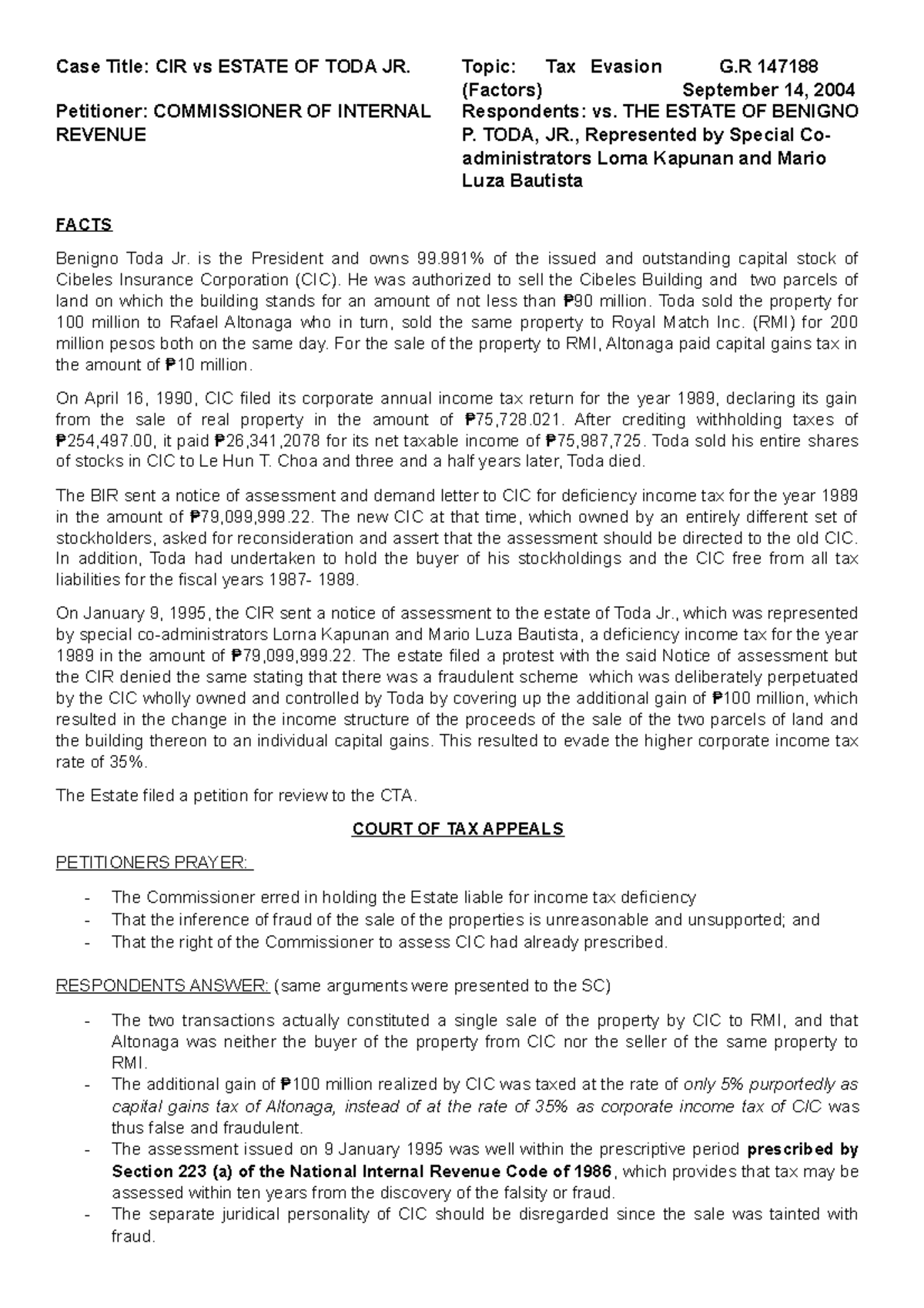 Tax Evasion- CIR vs Estate of Toda Jr - Case Title: CIR vs ESTATE OF ...