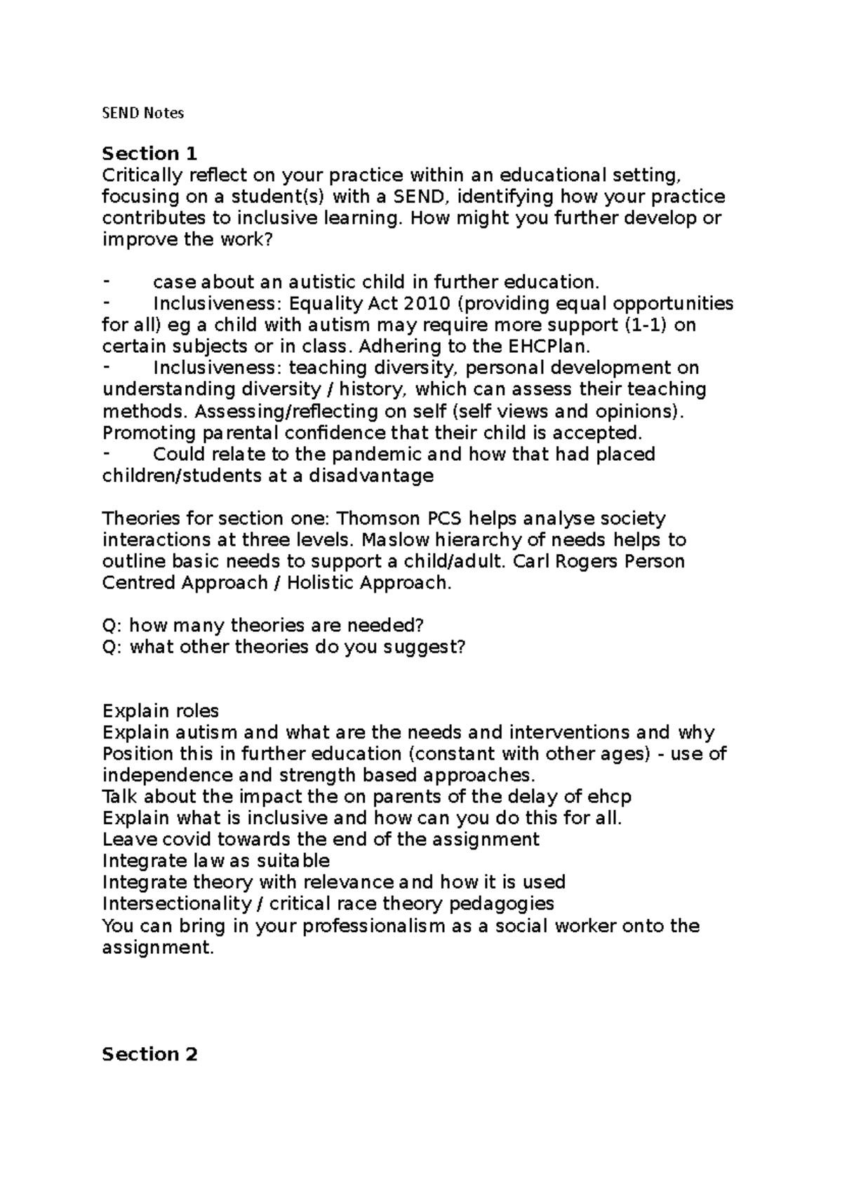 SEND Notes - SEND Notes Section 1 Critically reflect on your practice ...