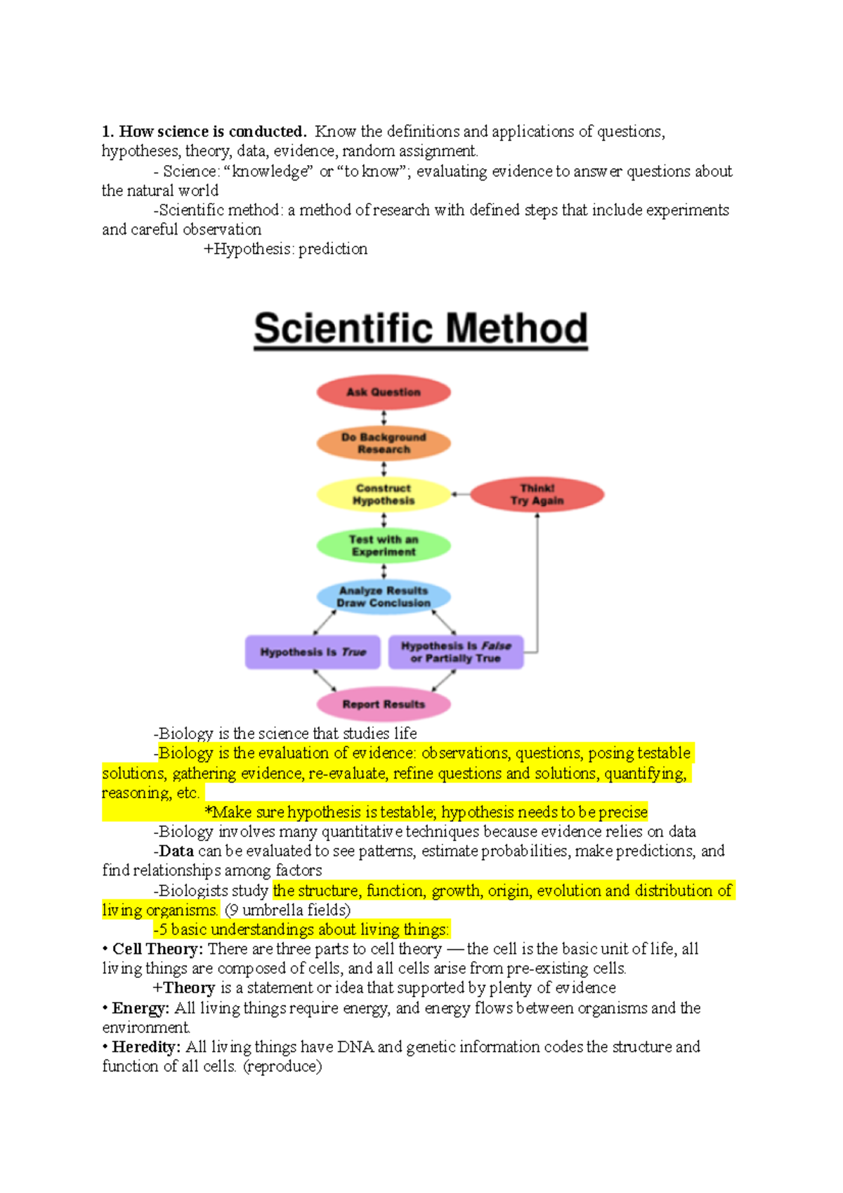 BIOL 1100 EXAM 1 Notes - 1. How science is conducted. Know the ...