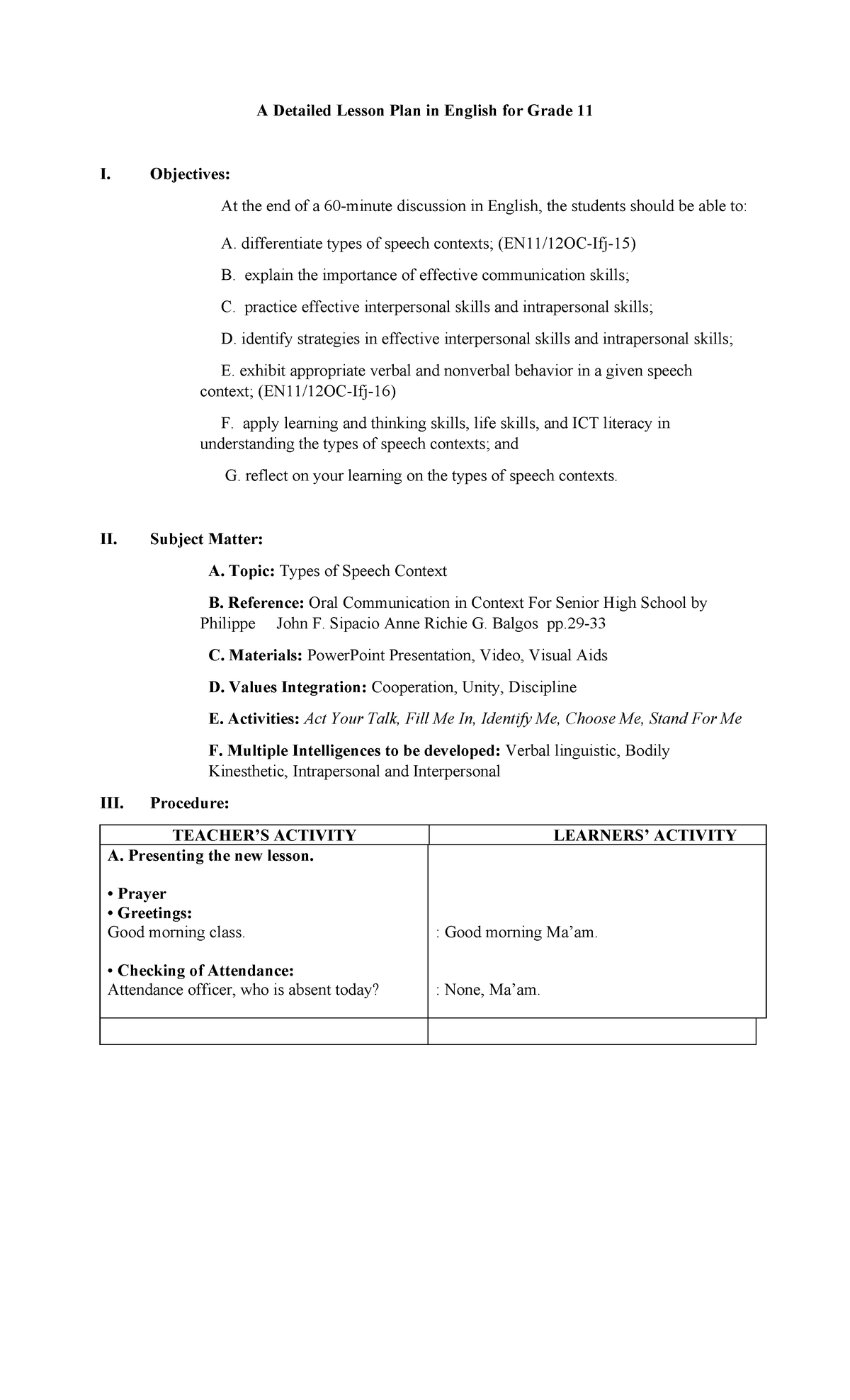 A detailed lesson plan in english for grade 11 oral communication 