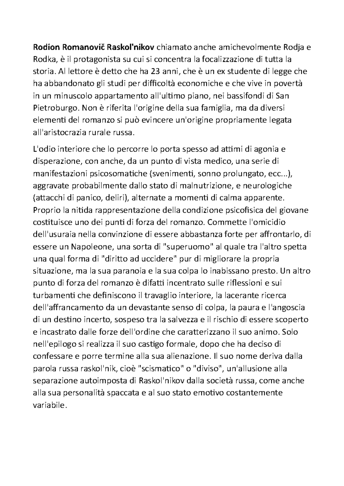 Delitto e castigo analisi personaggi Letteratura russa UniOr Studocu
