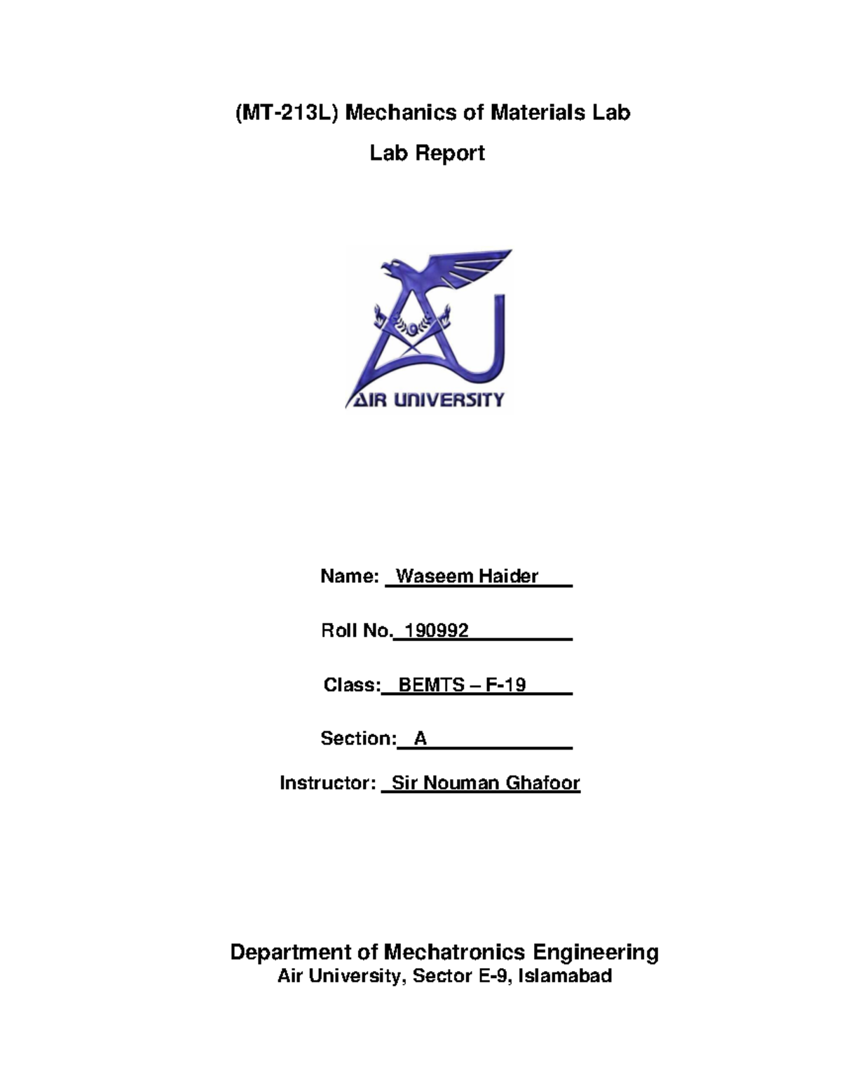 190992 Experiment 03 simulation report - (MT-213L) Mechanics of ...
