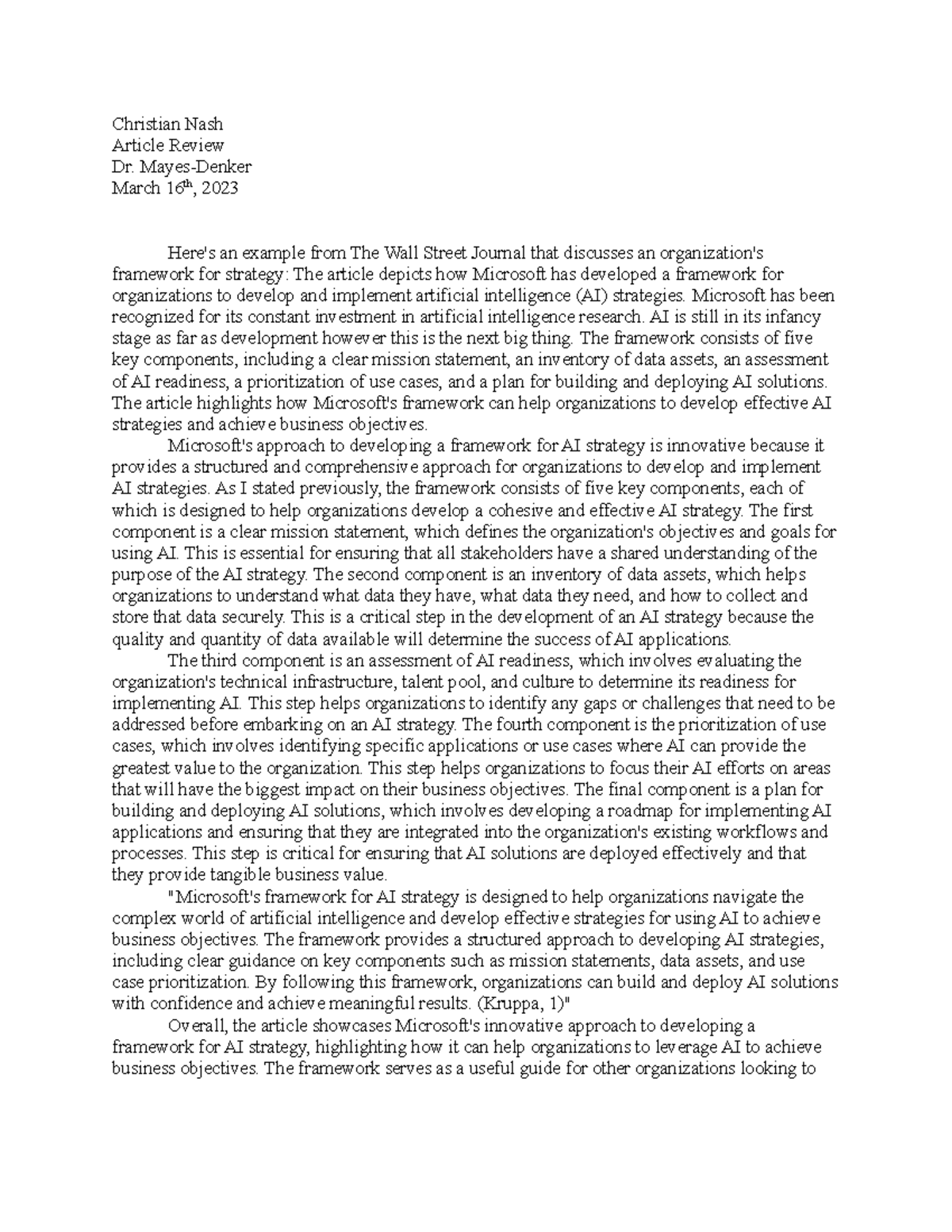 AFAS 10 - N/A - Christian Nash Article Review Dr. Mayes-Denker March ...