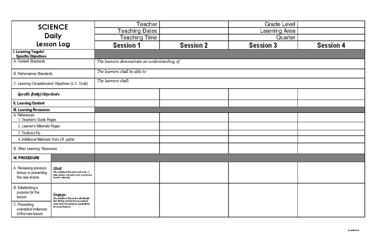 DLL 7Es Template Notes /jt. SCIENCE Daily Lesson Log Teacher Grade