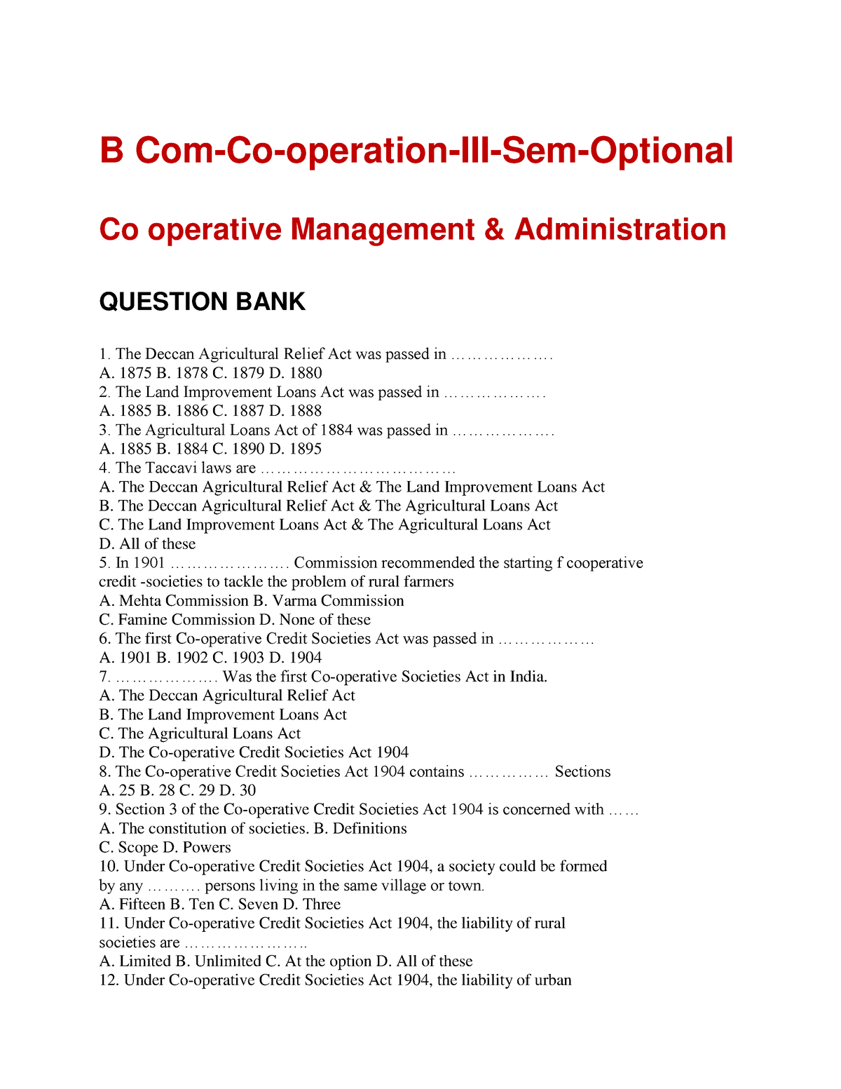 Mcq-Bcom-co Operation-optional-Co Op Management - B Com-Co-operation ...