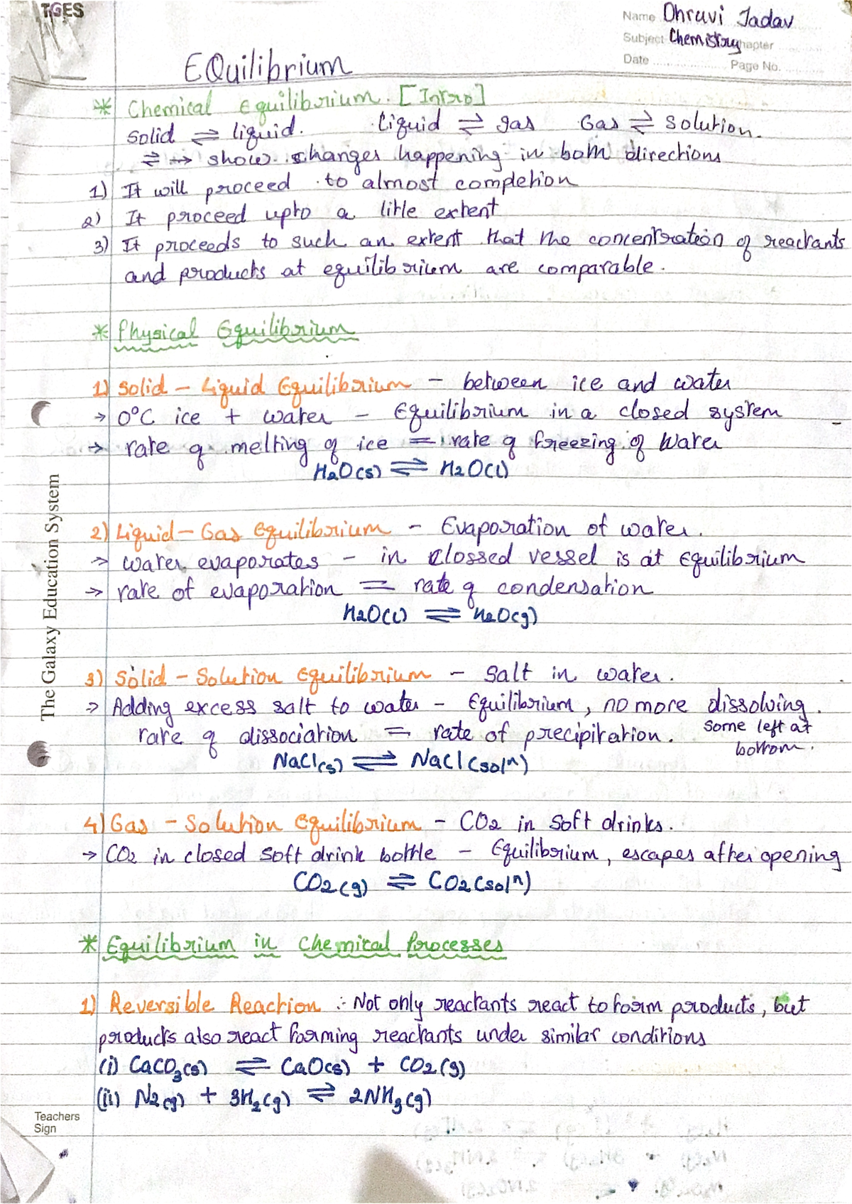 Equilibrium notes - TGES Name Ohravi Jadav Subject Chemistry apter ...
