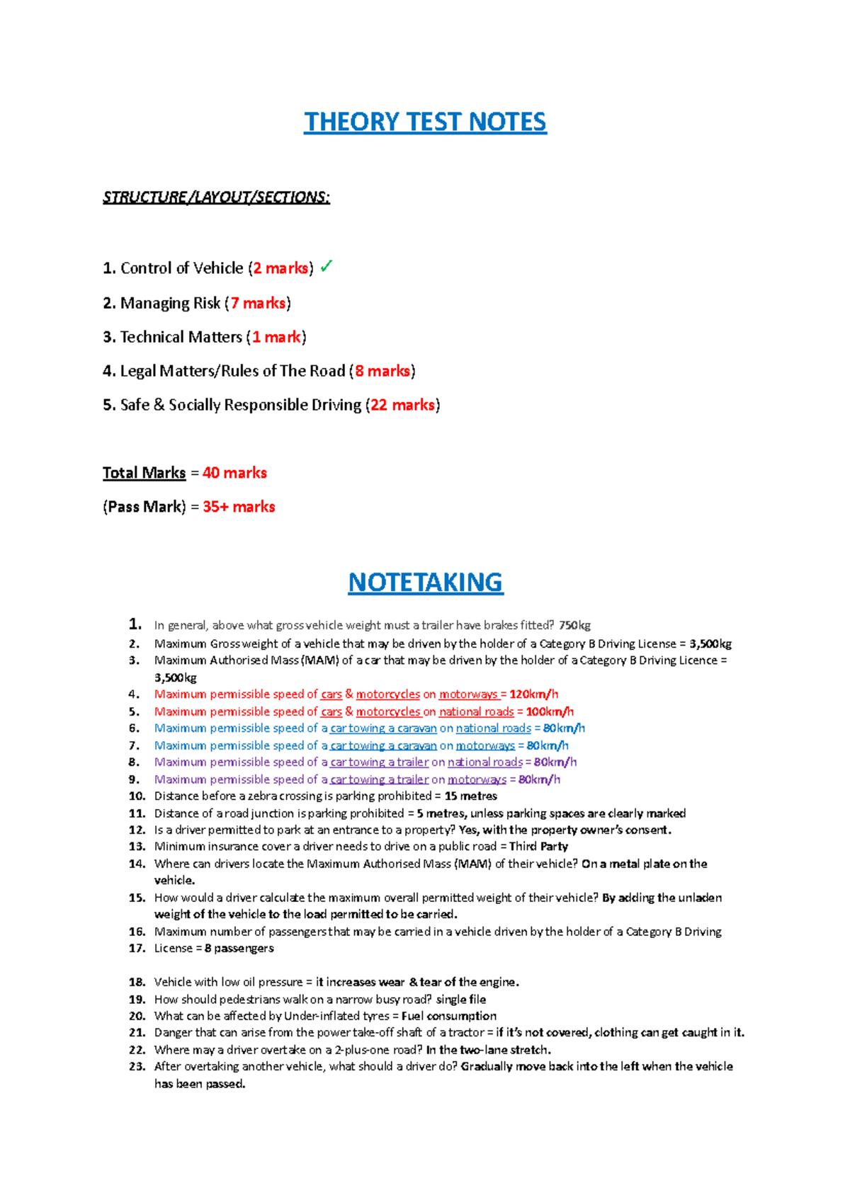 Theory Test Notes - THEORY TEST NOTES STRUCTURE/LAYOUT/SECTIONS: 1 ...