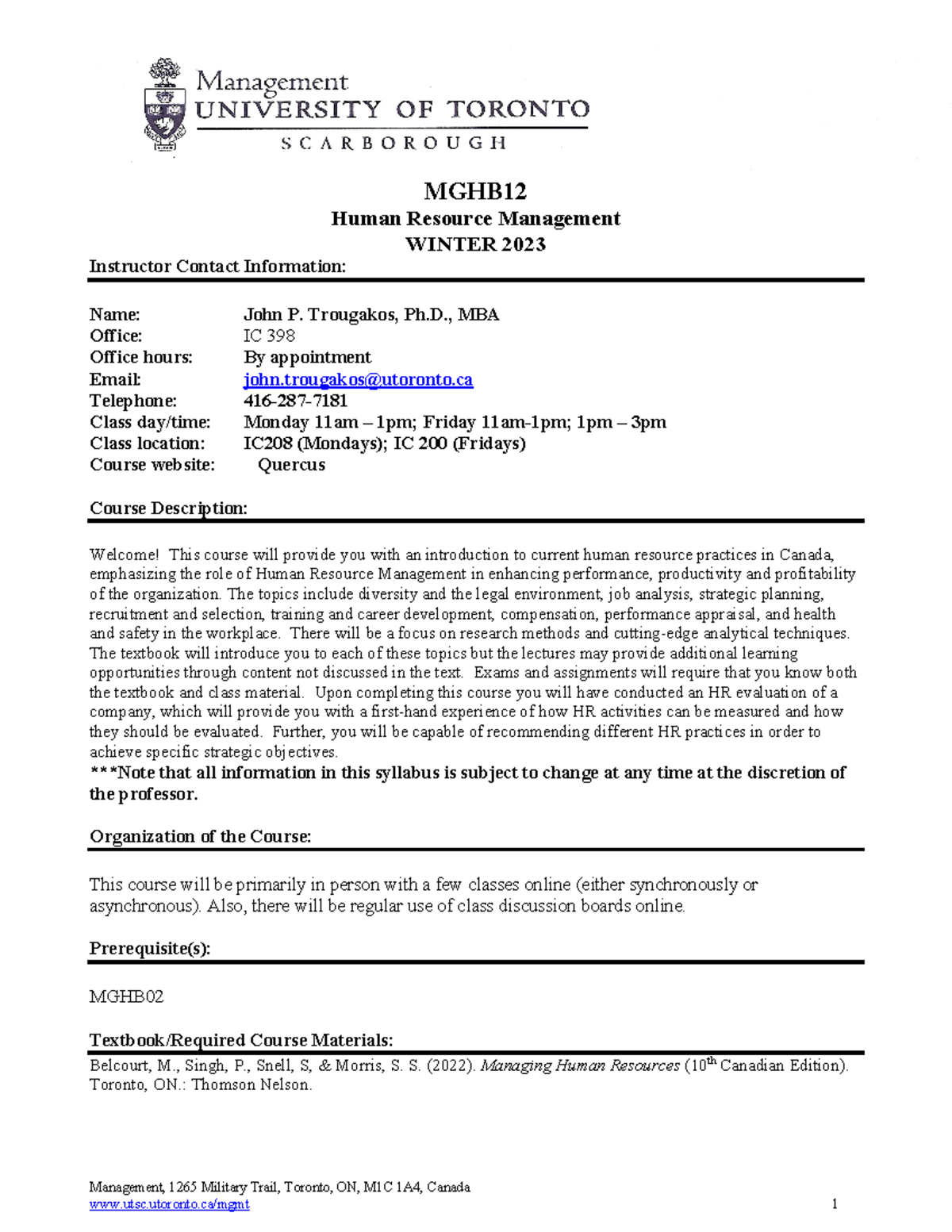 Syllabus - MGHB12 - Management, 1265 Military Trail, Toronto, ON, M1C ...