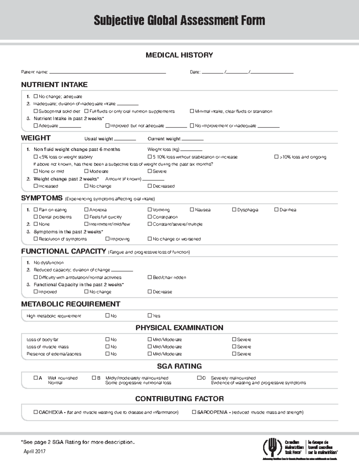 SGA Tool Sample - TM MC Subjective Global Assessment Form NUTRIENT ...