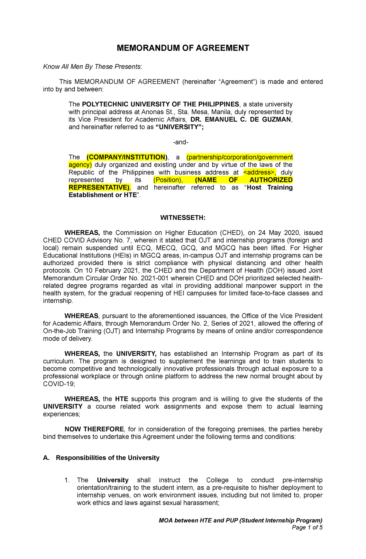 NEW OJT MOA Template Notes MEMORANDUM OF AGREEMENT Know All Men By