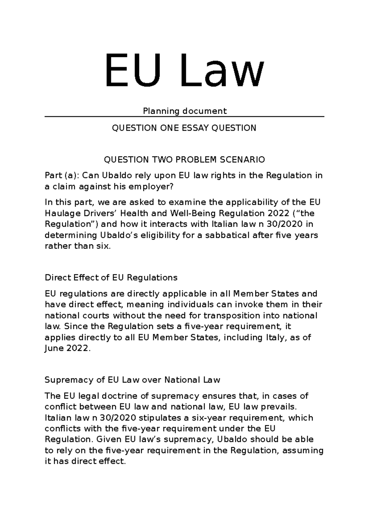 Work Law and Society - EU Law Planning document QUESTION ONE ESSAY ...