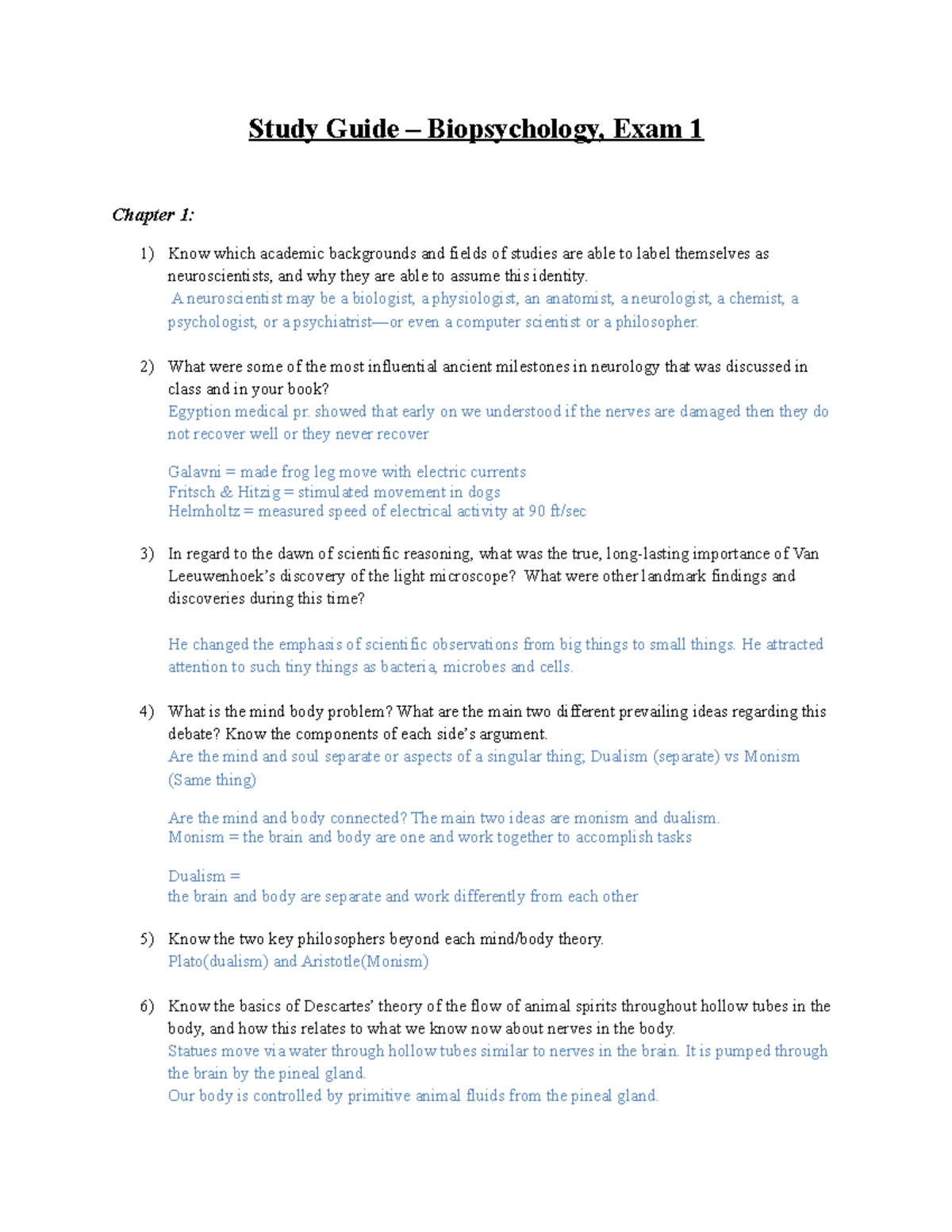 Study Guide for Exam 1 for UNG Biopsychology course - Study Guide ...