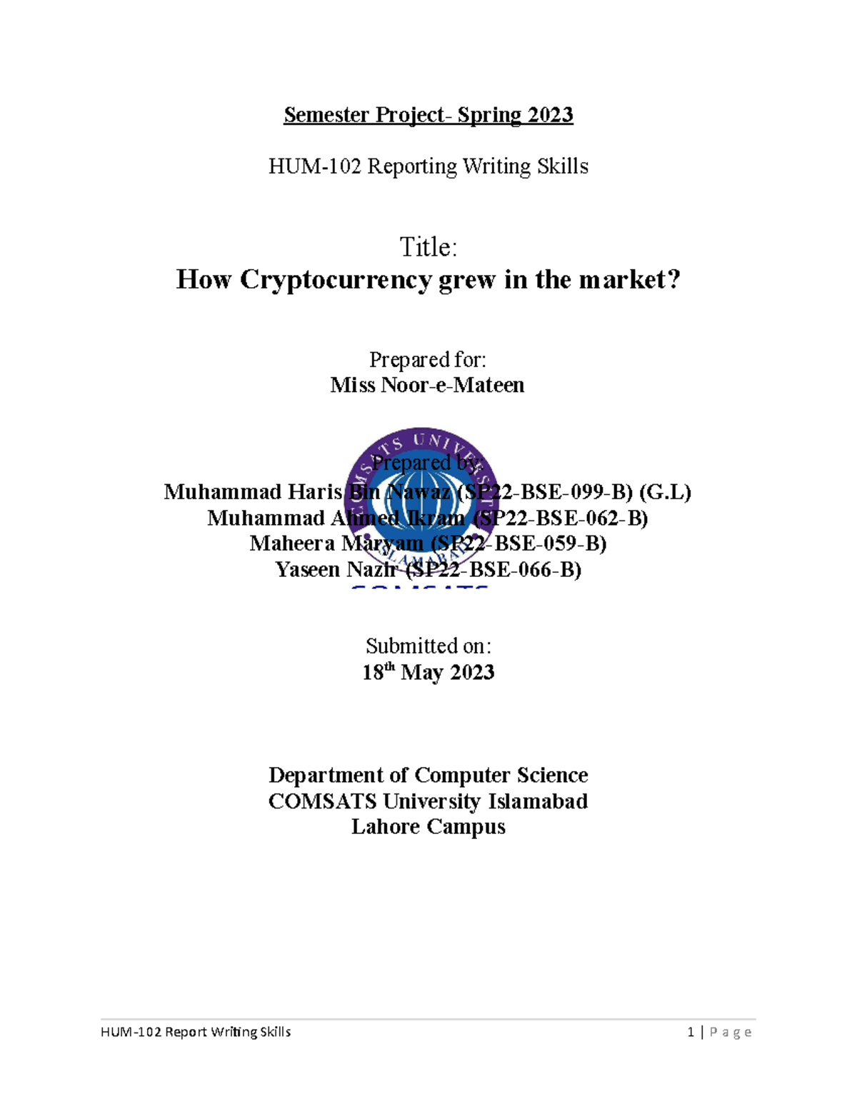 RWS Project - Semester Project- Spring 2023 HUM-102 Reporting Writing ...