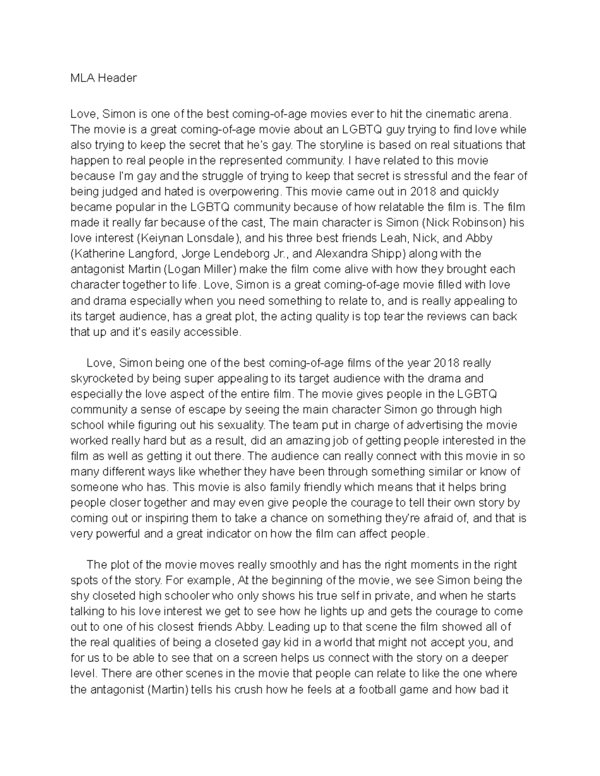Evaluation essay - homework example - MLA Header Love, Simon is one of ...