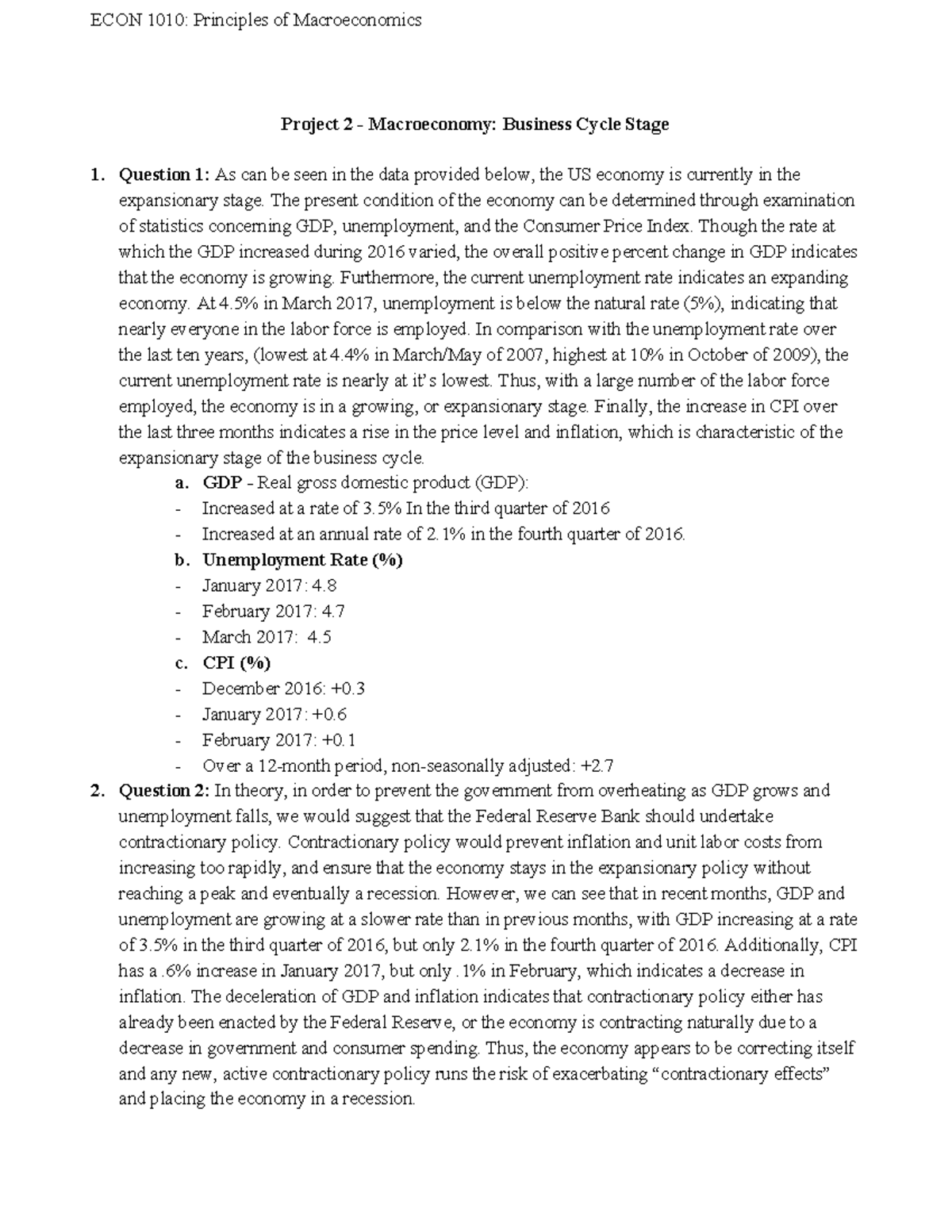 Project 2 - ECON 1010: Principles of Macroeconomics Project 2 ...