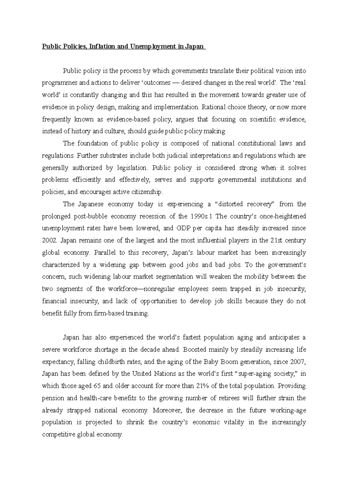 Japan Dominion over international politics Public Policies, Inflation and Unemployment in