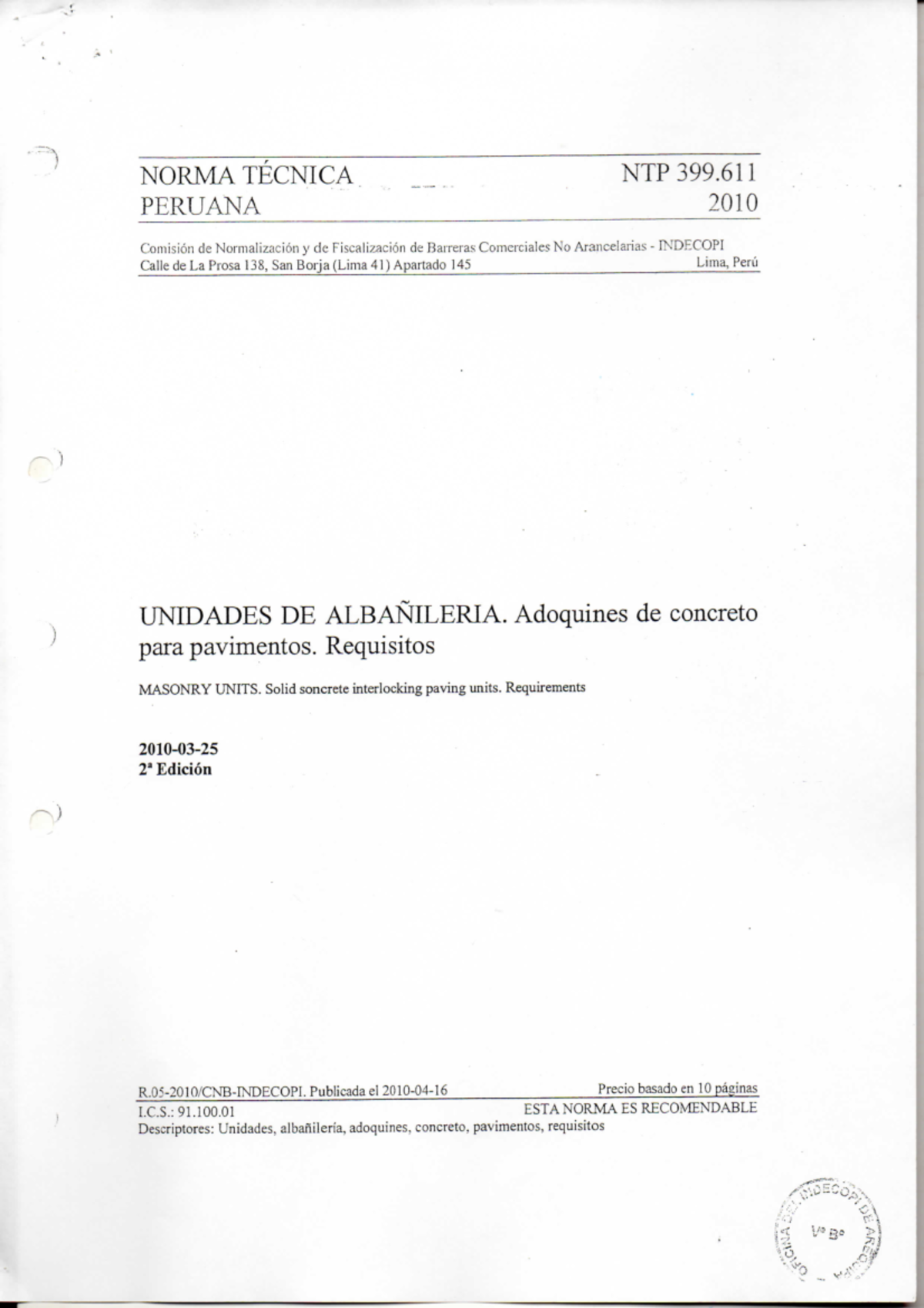 NORMA NTP 399.611 - NORMA TÉCNICA. NTP 399. PERUANA 2010 Comisión de ...