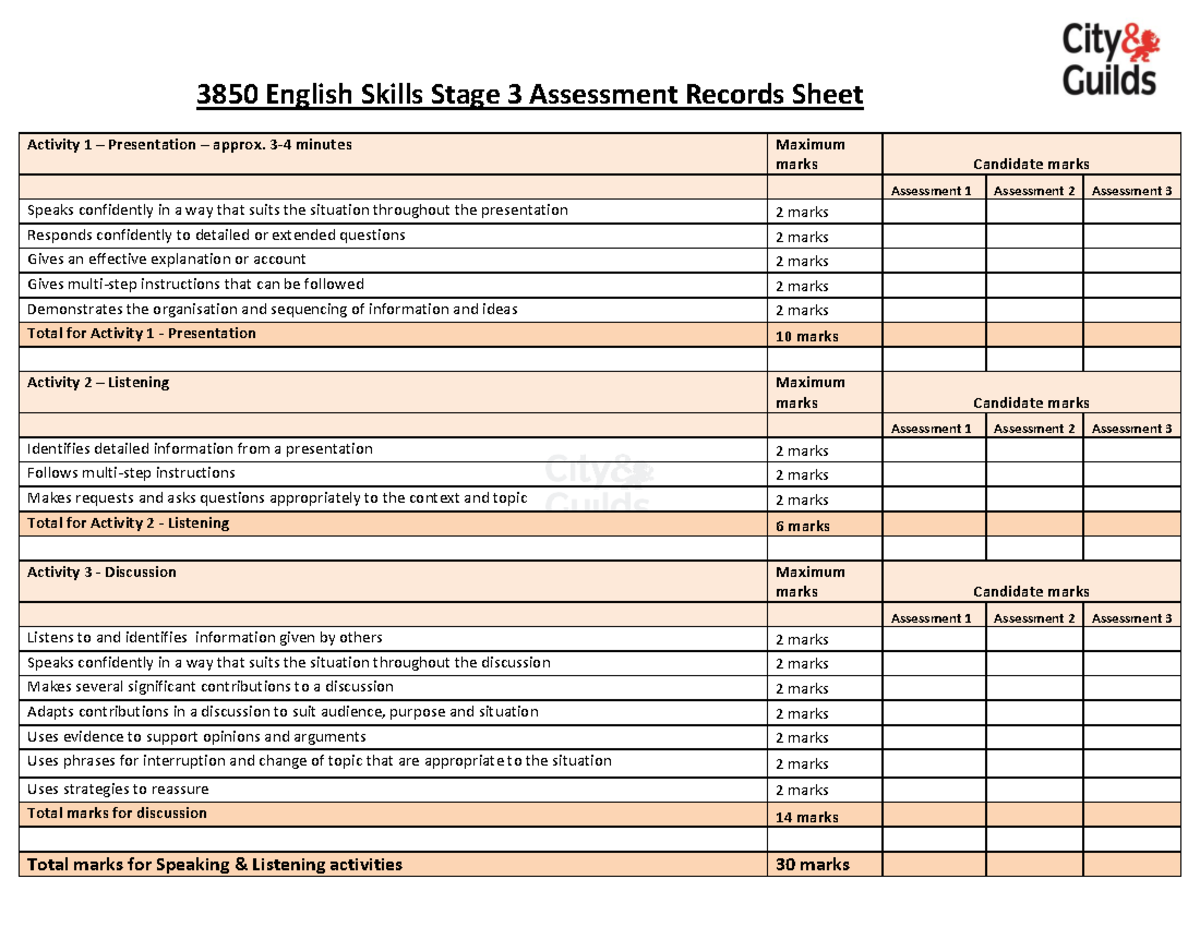 3850 English Skills Stage 3 Assessment Records Sheet - 3850 English ...