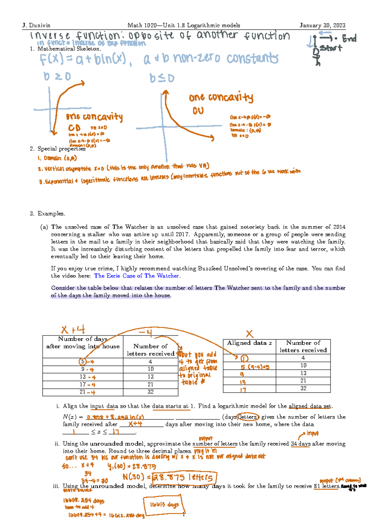 1.8 summary notes - J. Dunivin Math 1020—Unit 1 Logarithmic models ...