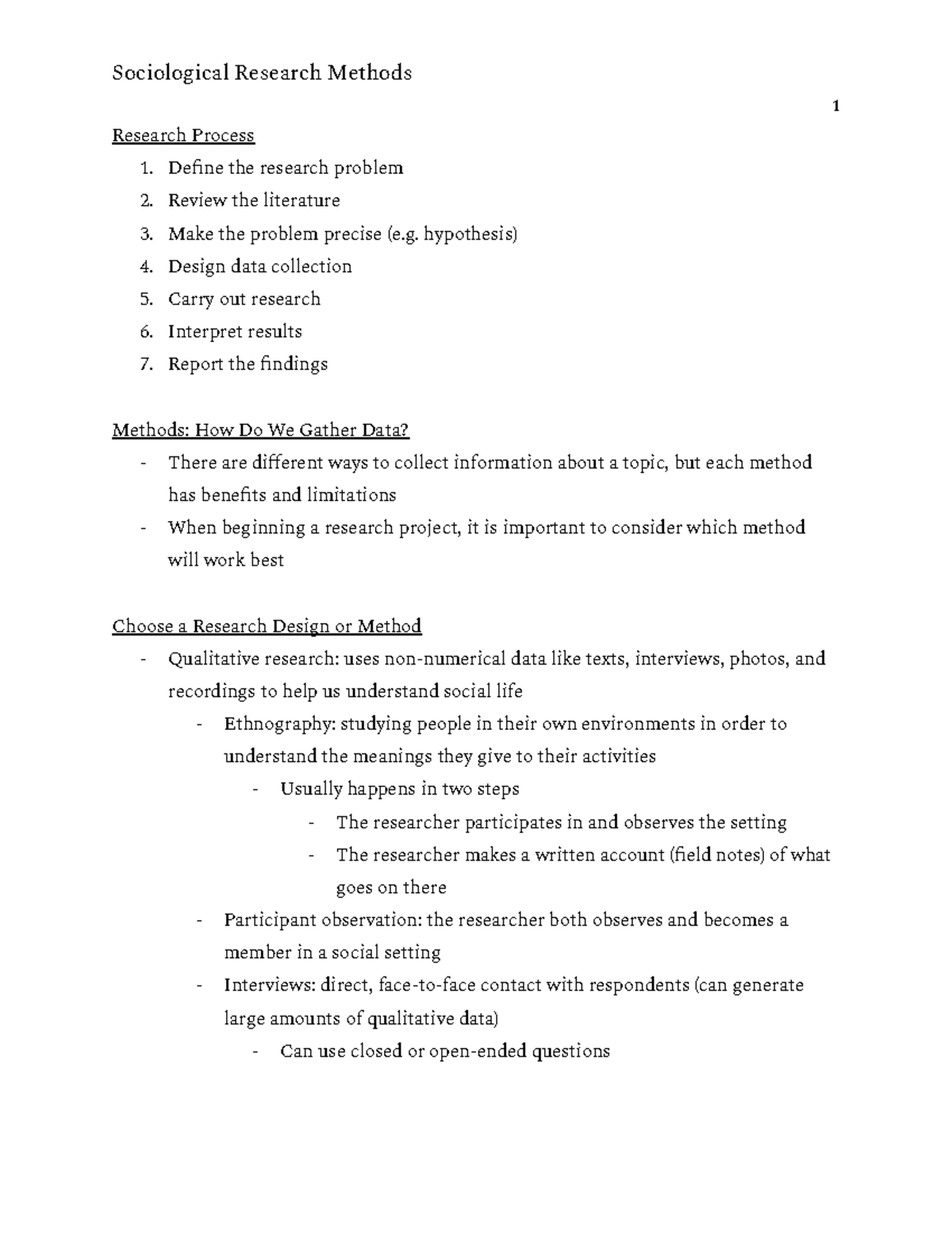 Sociological Research Methods - 1 Research Process Define the research ...