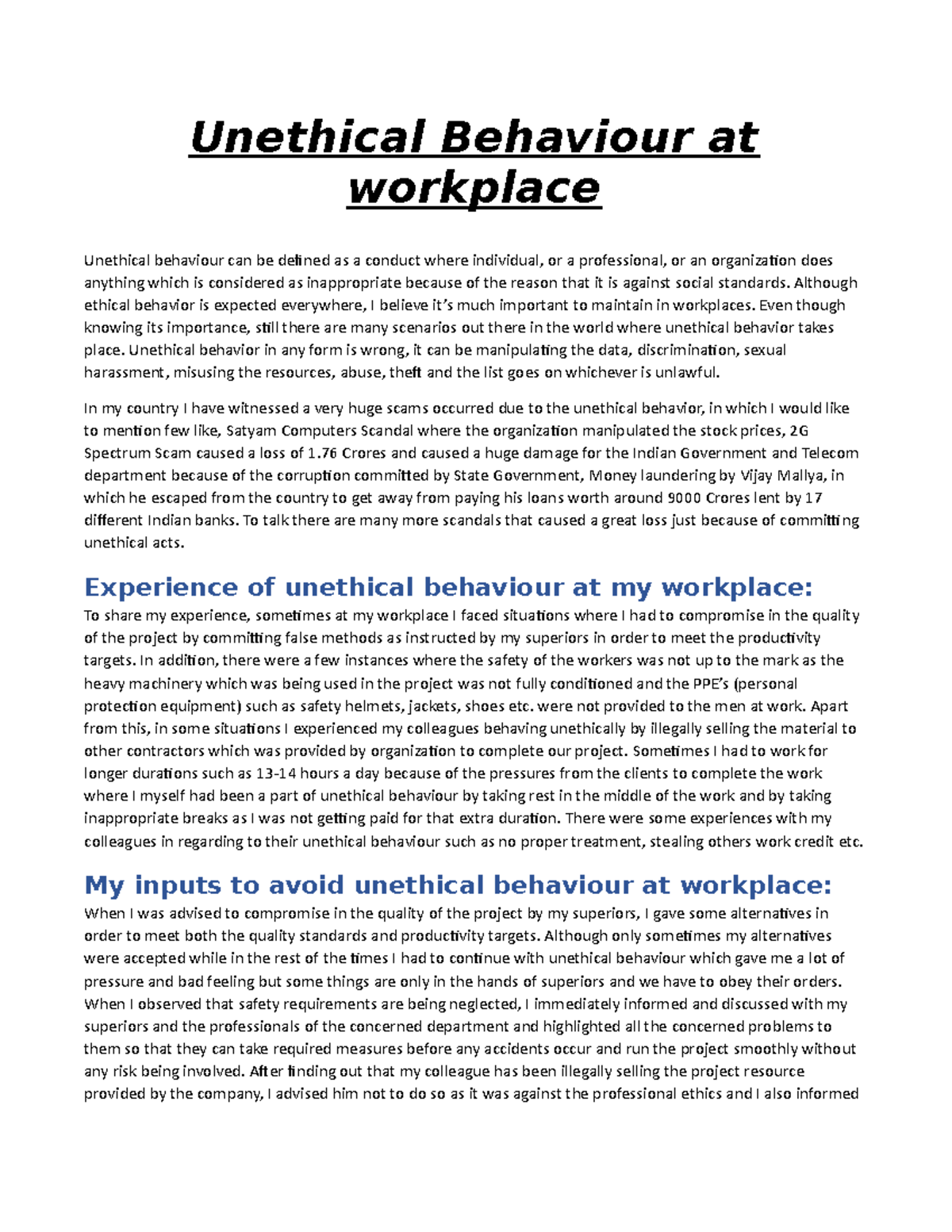 case study of unethical behavior in the workplace