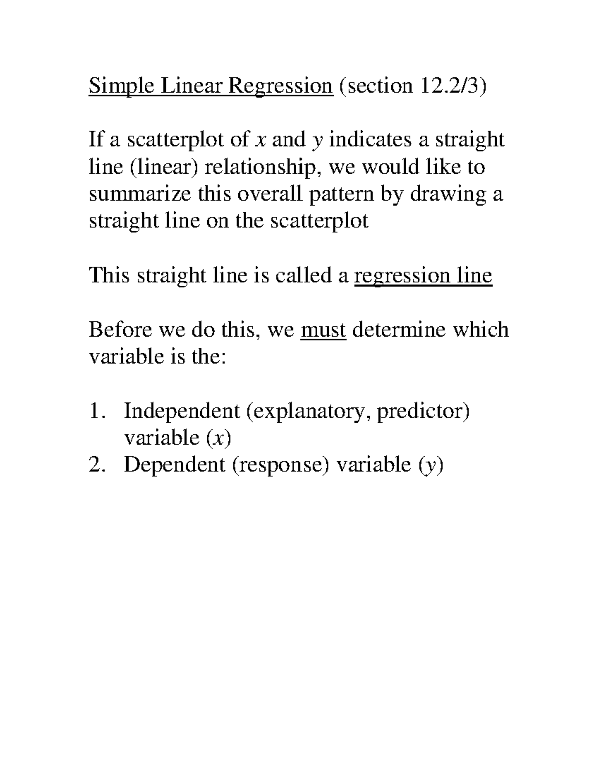 Stats 2035 - 12.2, 12.3 Notes - Simple Linear Regression (section 12/3 ...