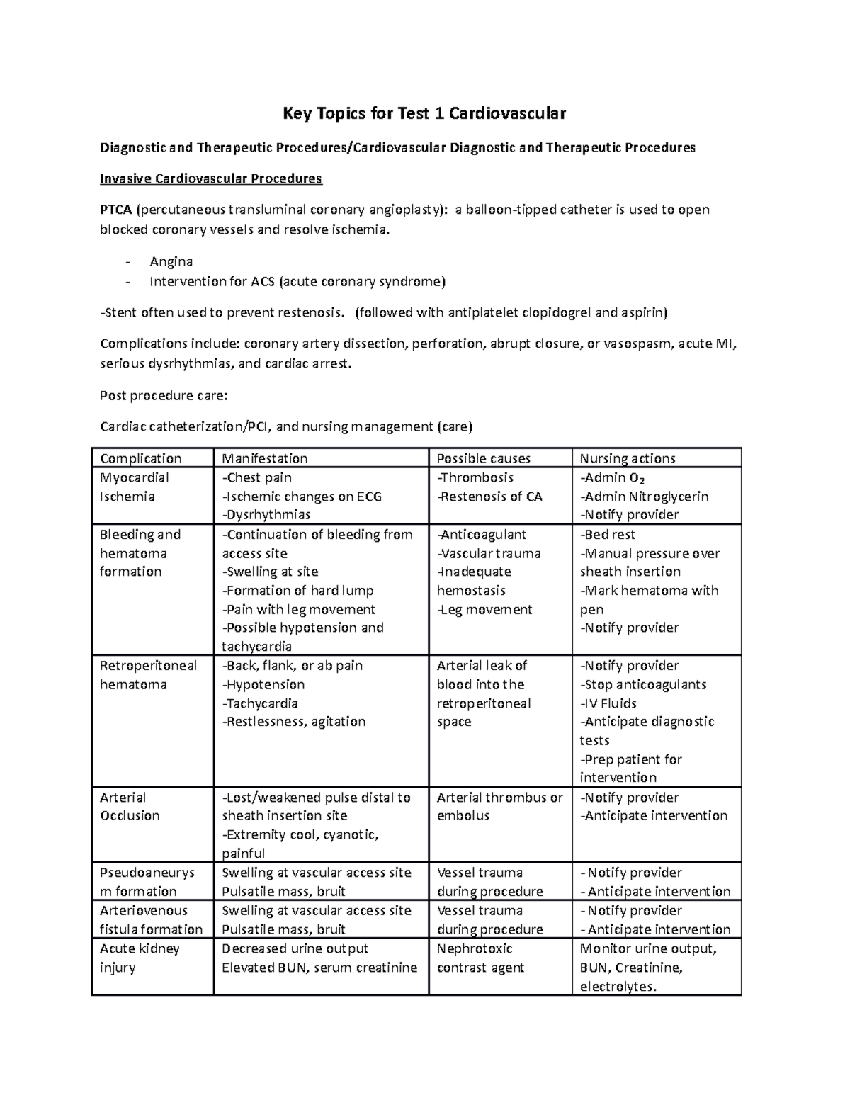 Exam 1 - Study Guide exam 1 - Key Topics for Test 1 Cardiovascular ...
